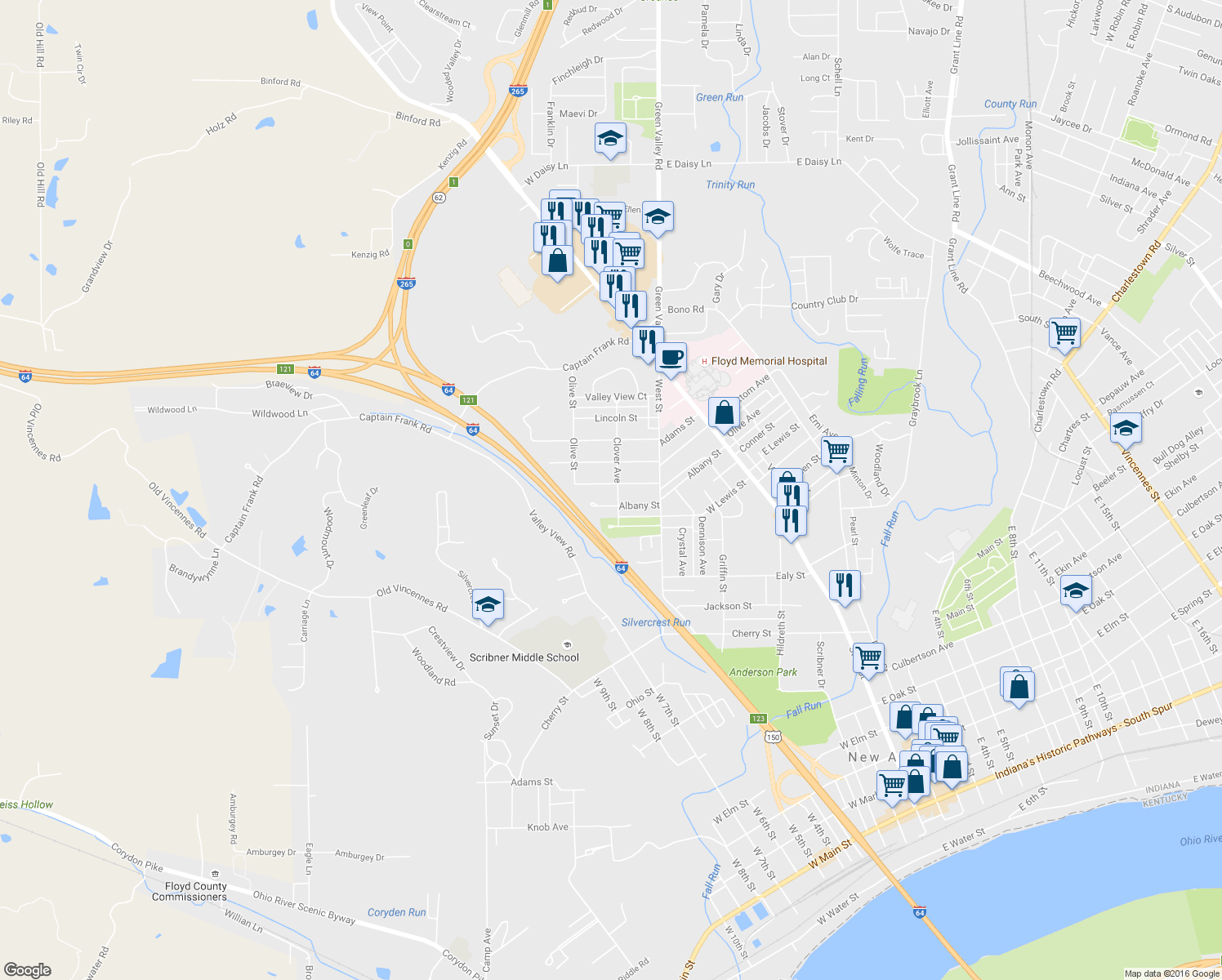 map of restaurants, bars, coffee shops, grocery stores, and more near 705 Kent Street in New Albany