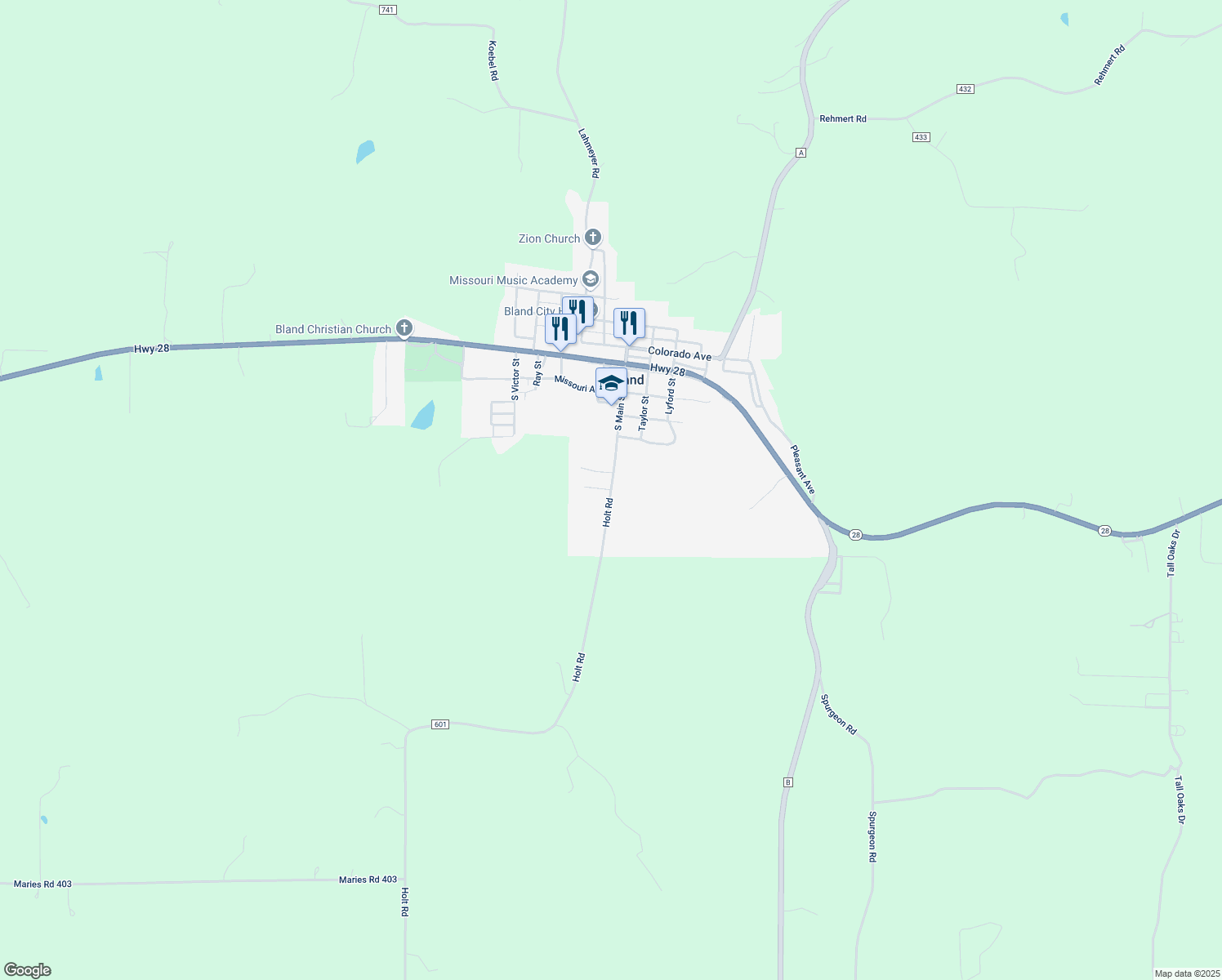 map of restaurants, bars, coffee shops, grocery stores, and more near 100 Radford St in Bland
