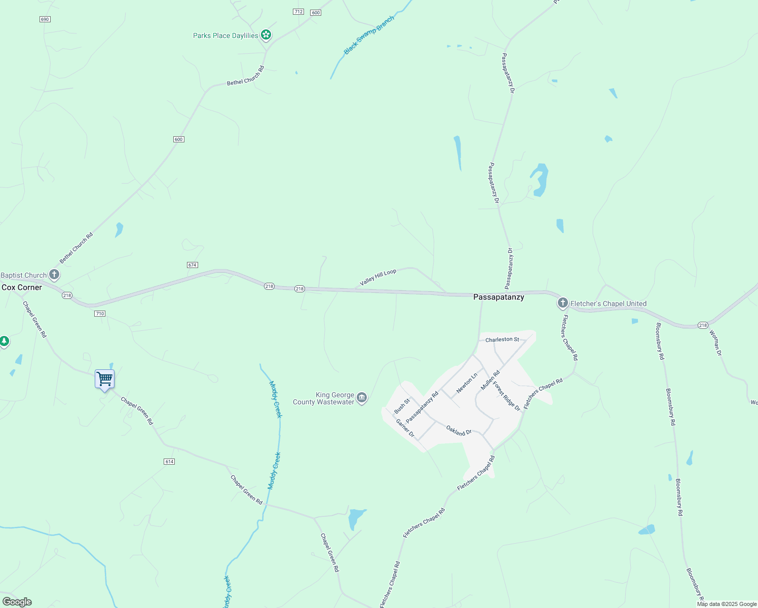 map of restaurants, bars, coffee shops, grocery stores, and more near 600 Caledon Road in King George