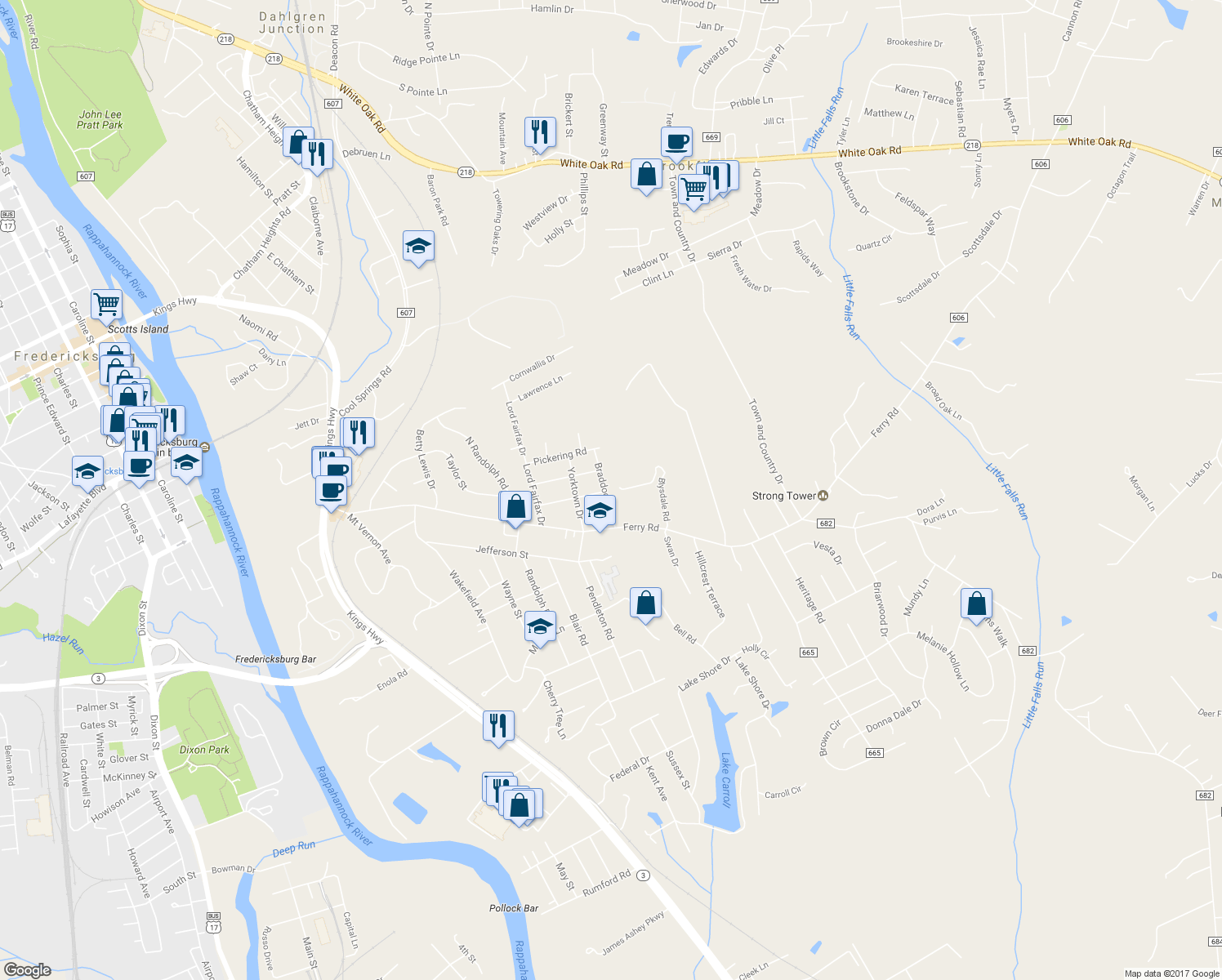 map of restaurants, bars, coffee shops, grocery stores, and more near 11 Braddock Drive in Fredericksburg