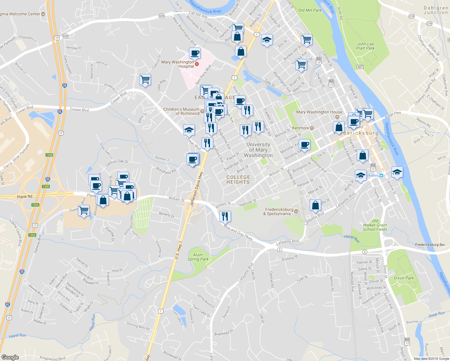 map of restaurants, bars, coffee shops, grocery stores, and more near 1416 Brent Street in Fredericksburg