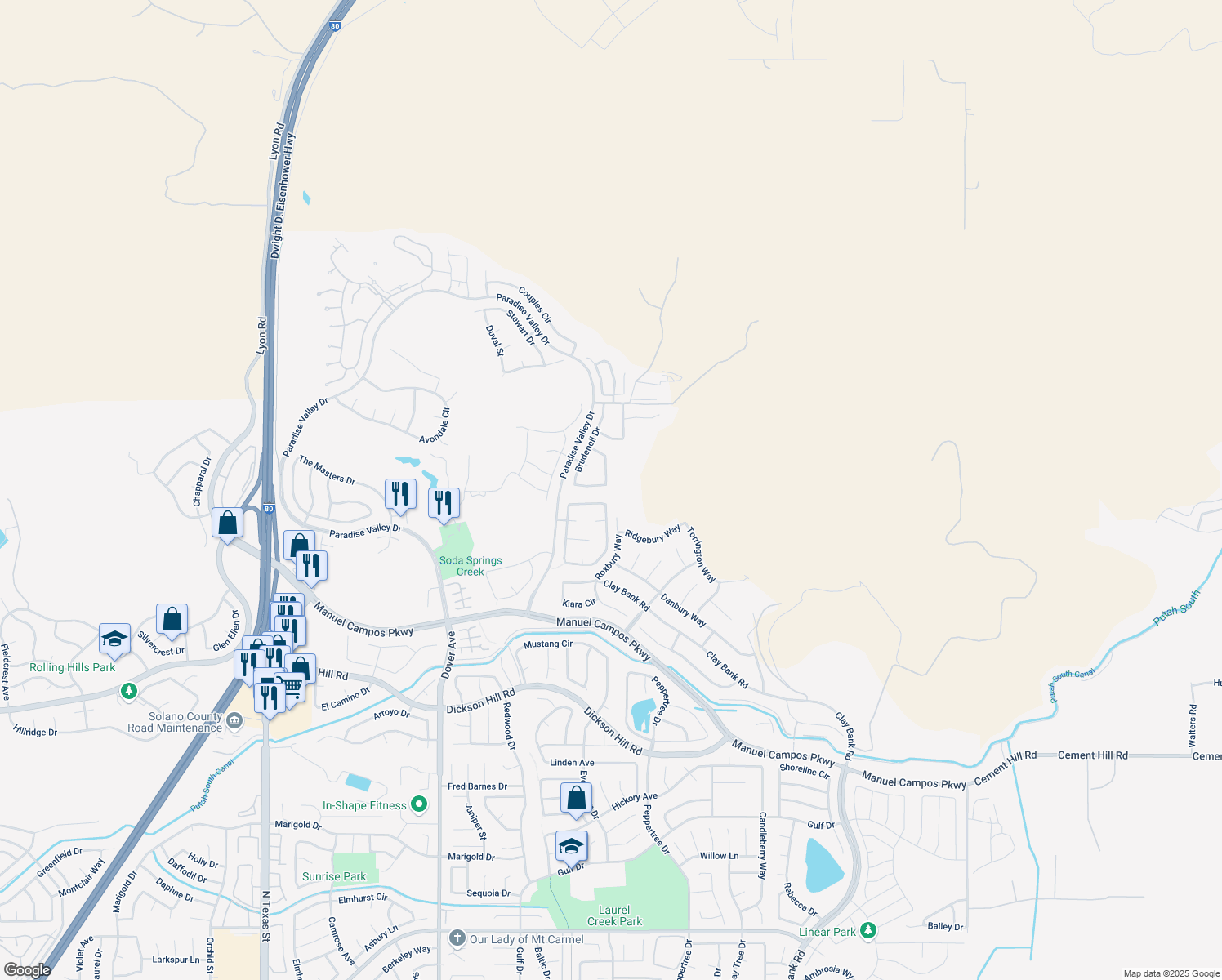map of restaurants, bars, coffee shops, grocery stores, and more near 1718 River Oaks Circle in Fairfield