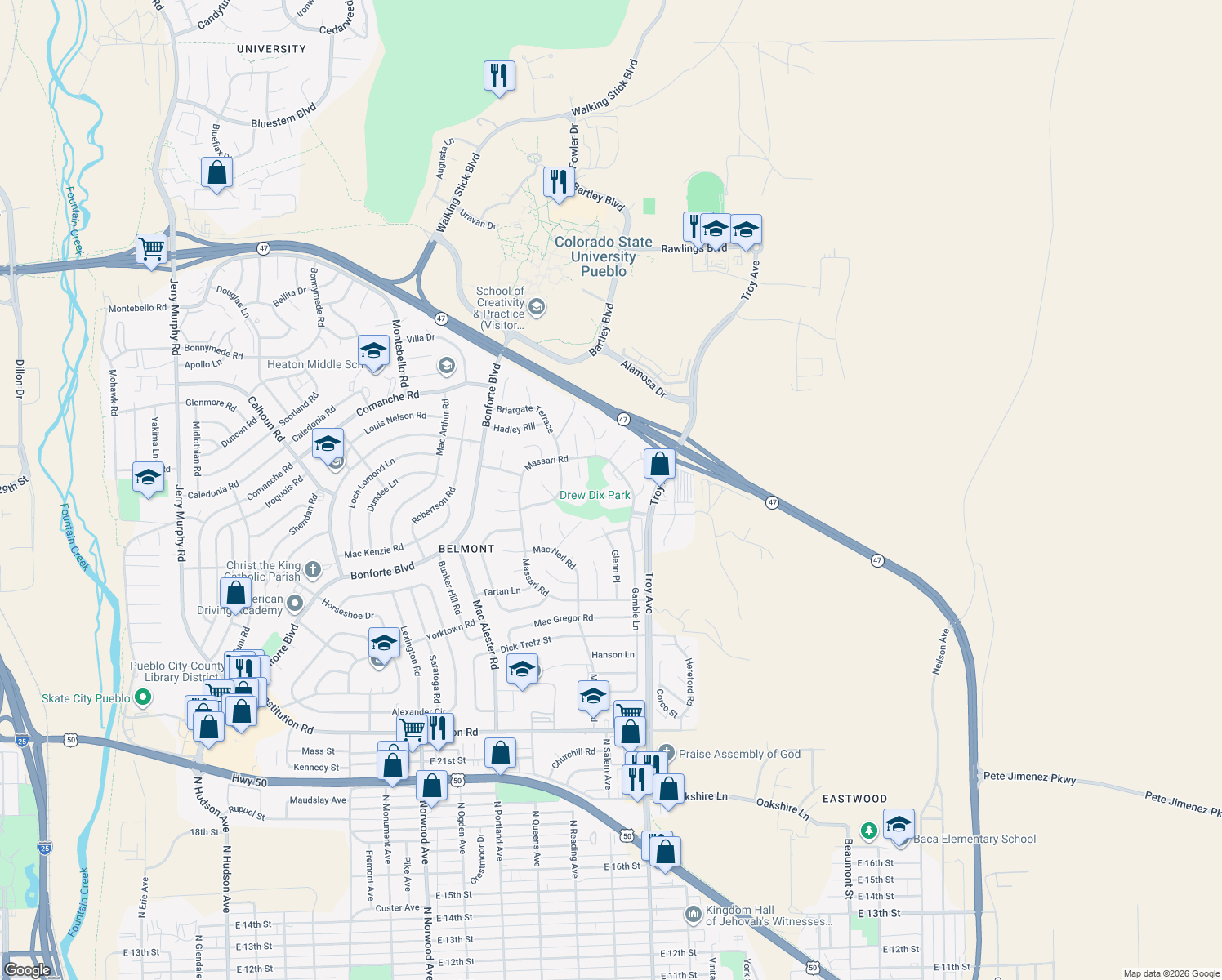 map of restaurants, bars, coffee shops, grocery stores, and more near 7 Hampton Lane in Pueblo