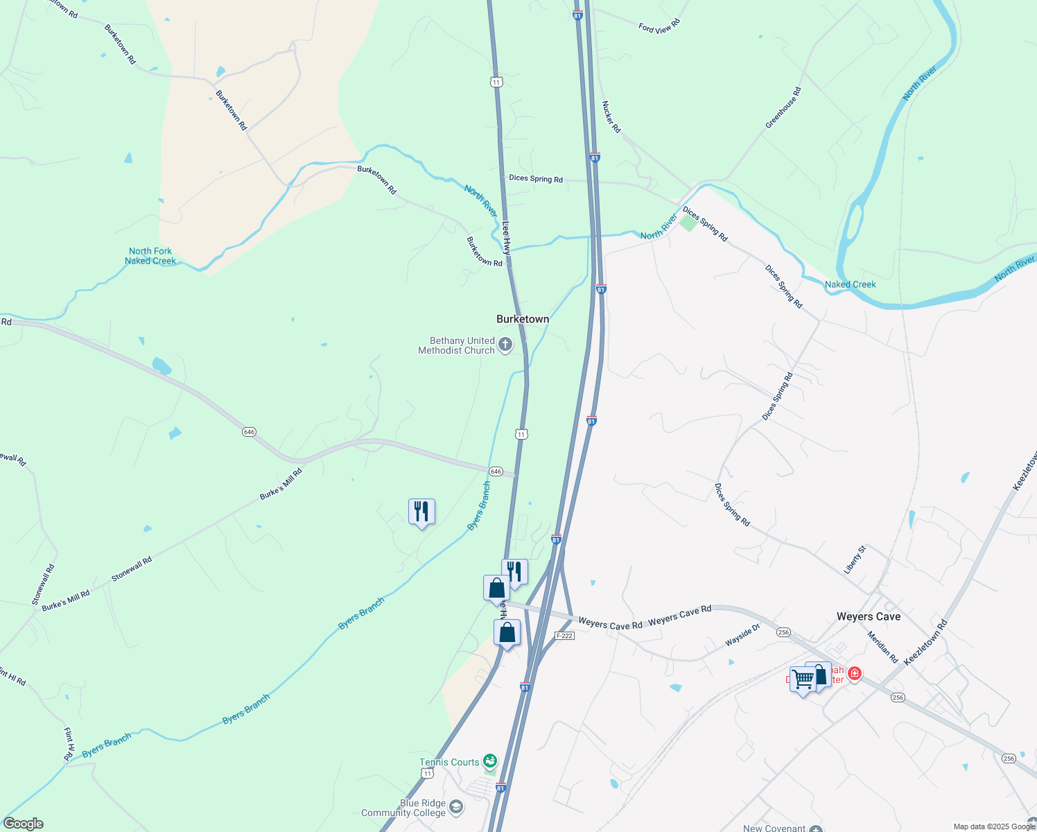 map of restaurants, bars, coffee shops, grocery stores, and more near 3612 Lee Highway in Weyers Cave