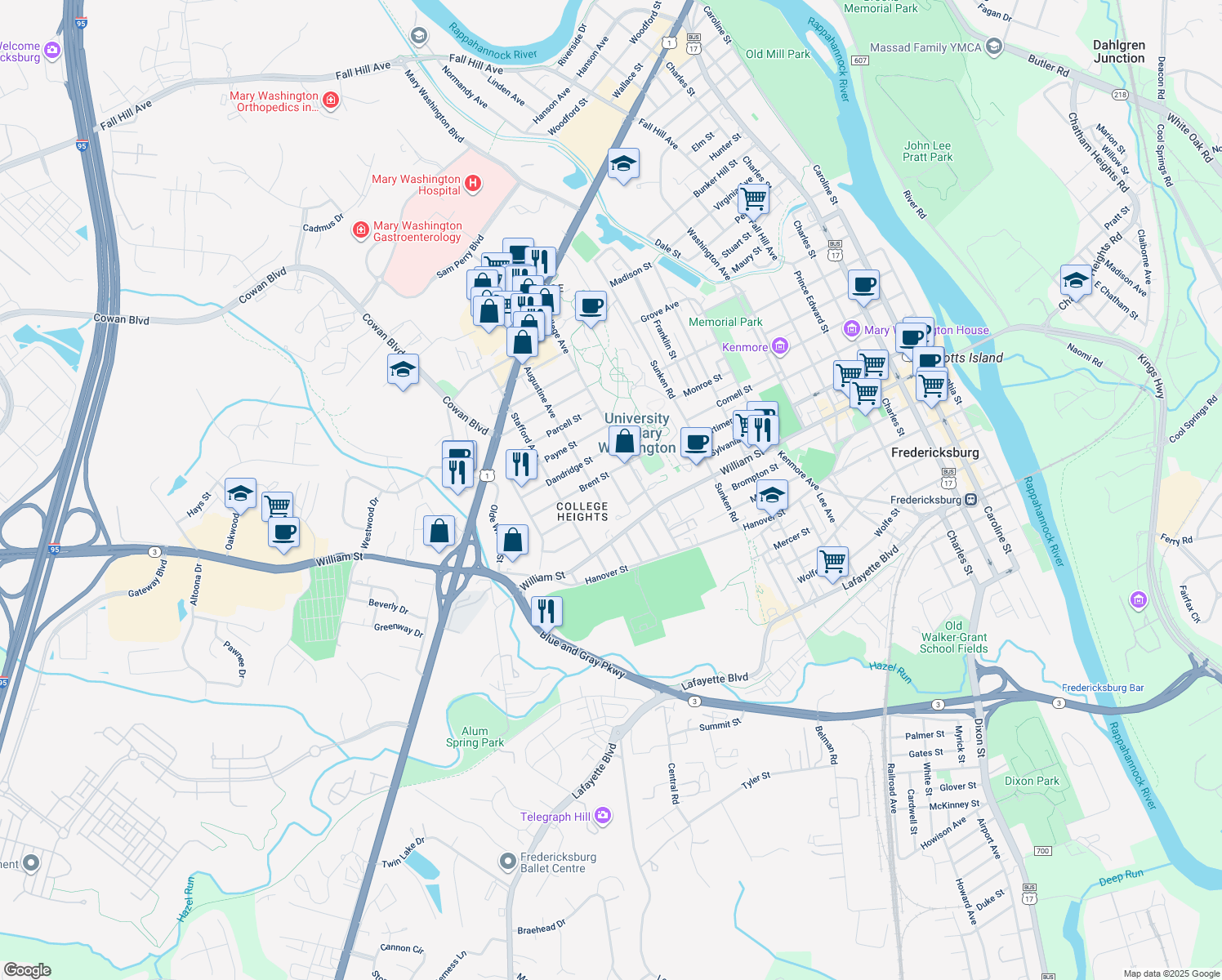 map of restaurants, bars, coffee shops, grocery stores, and more near 1206 Colony Road in Fredericksburg