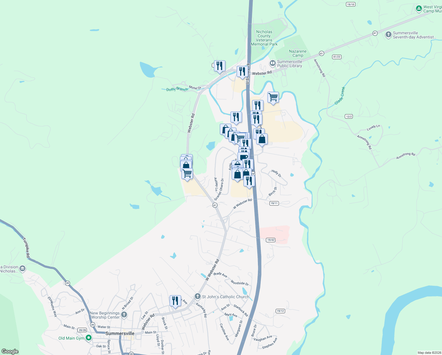 map of restaurants, bars, coffee shops, grocery stores, and more near 513 Scarlet Ohara Drive in Summersville