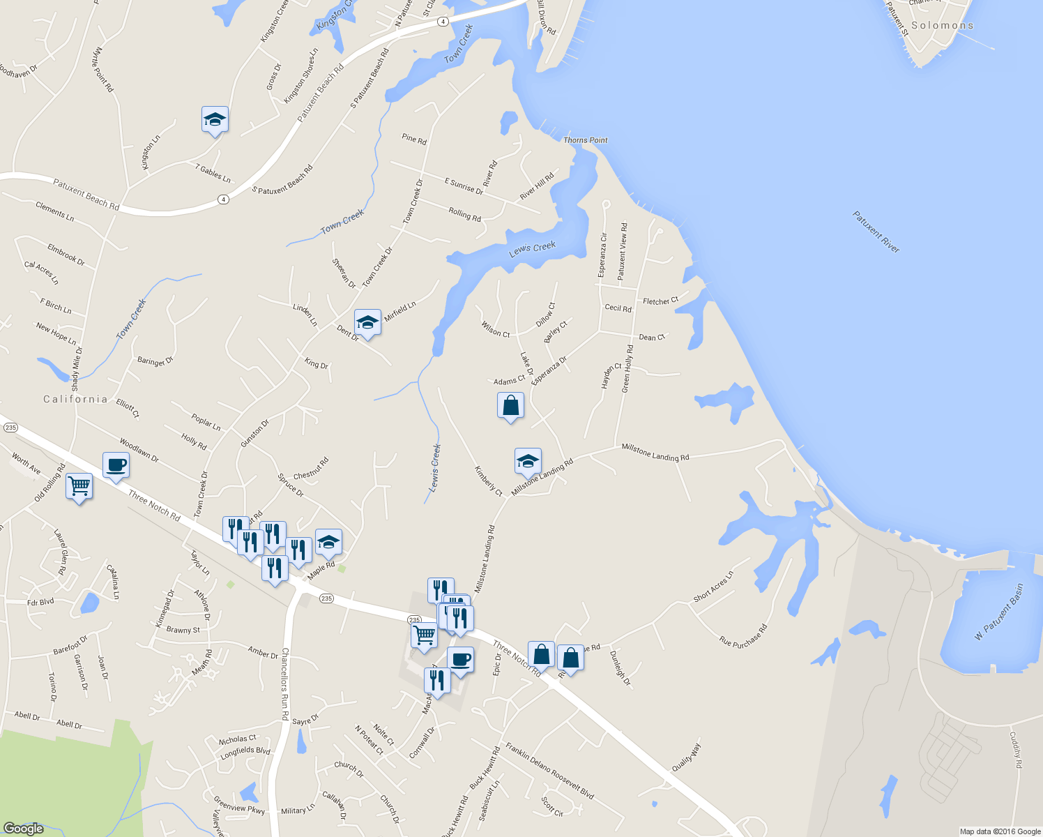 map of restaurants, bars, coffee shops, grocery stores, and more near 46120 West Bayview Terrace in Lexington Park