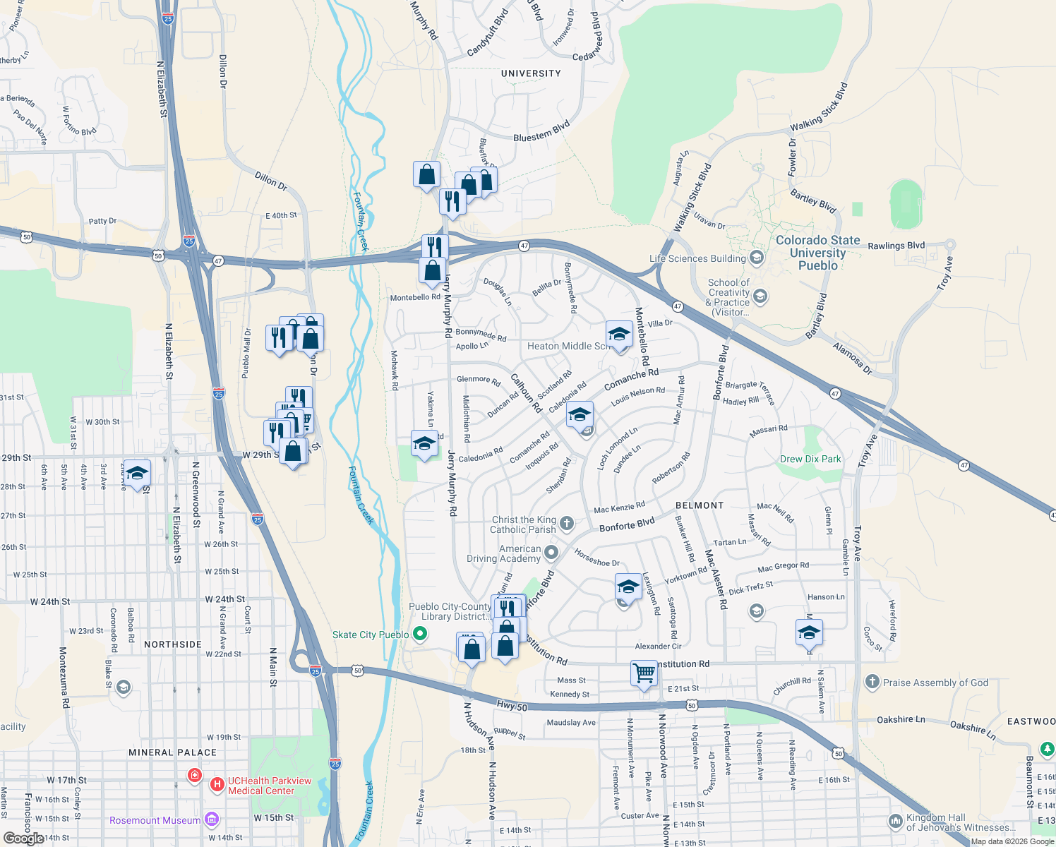 map of restaurants, bars, coffee shops, grocery stores, and more near 37 Caledonia Rd in Pueblo