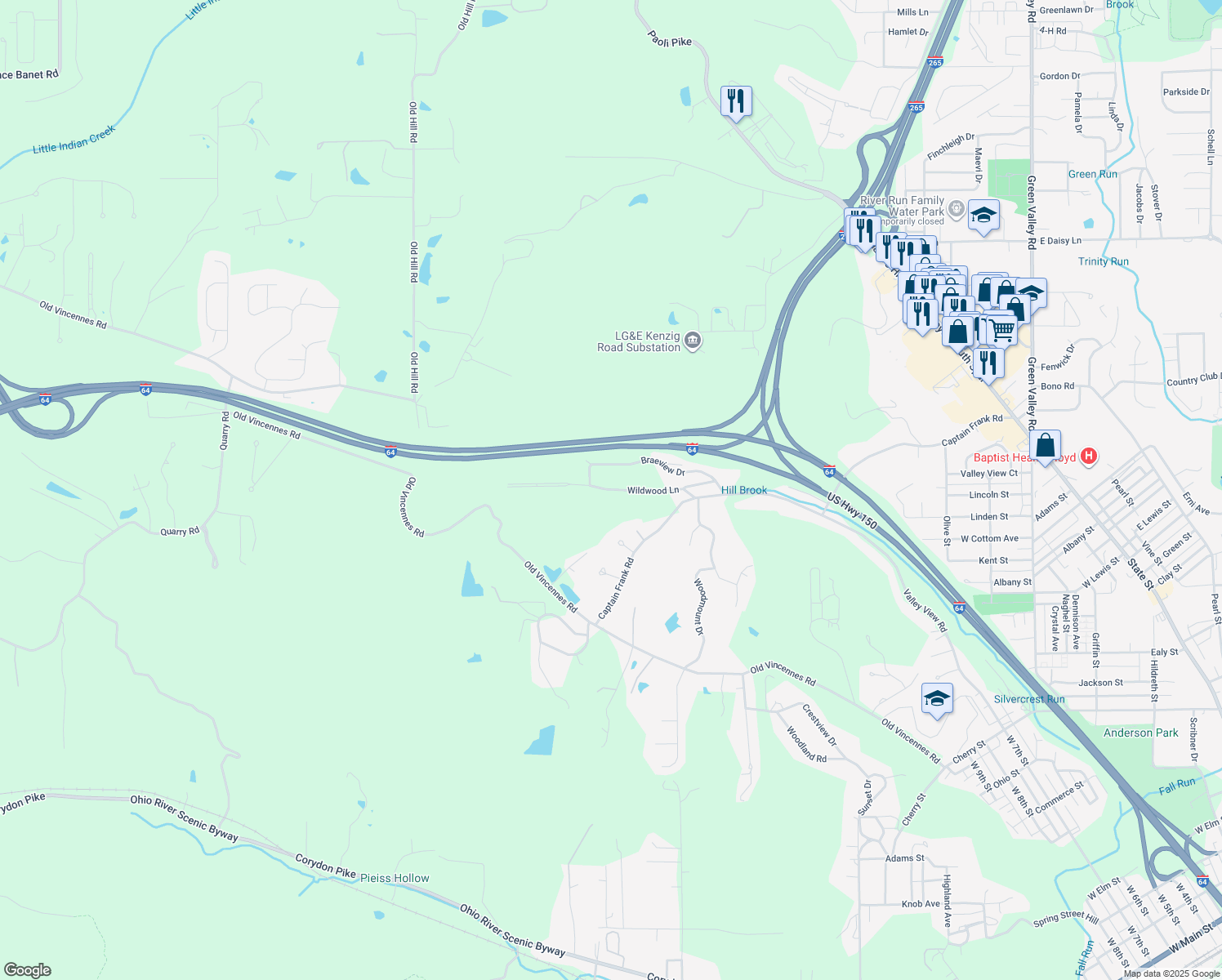 map of restaurants, bars, coffee shops, grocery stores, and more near Wildwood Lane in New Albany