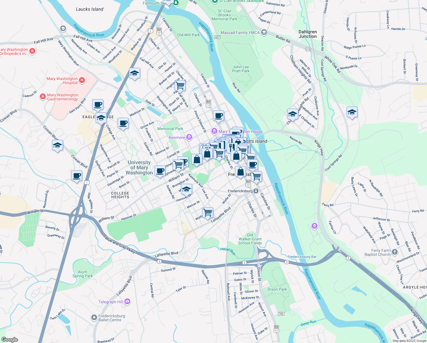 map of restaurants, bars, coffee shops, grocery stores, and more near 530 George Street in Fredericksburg