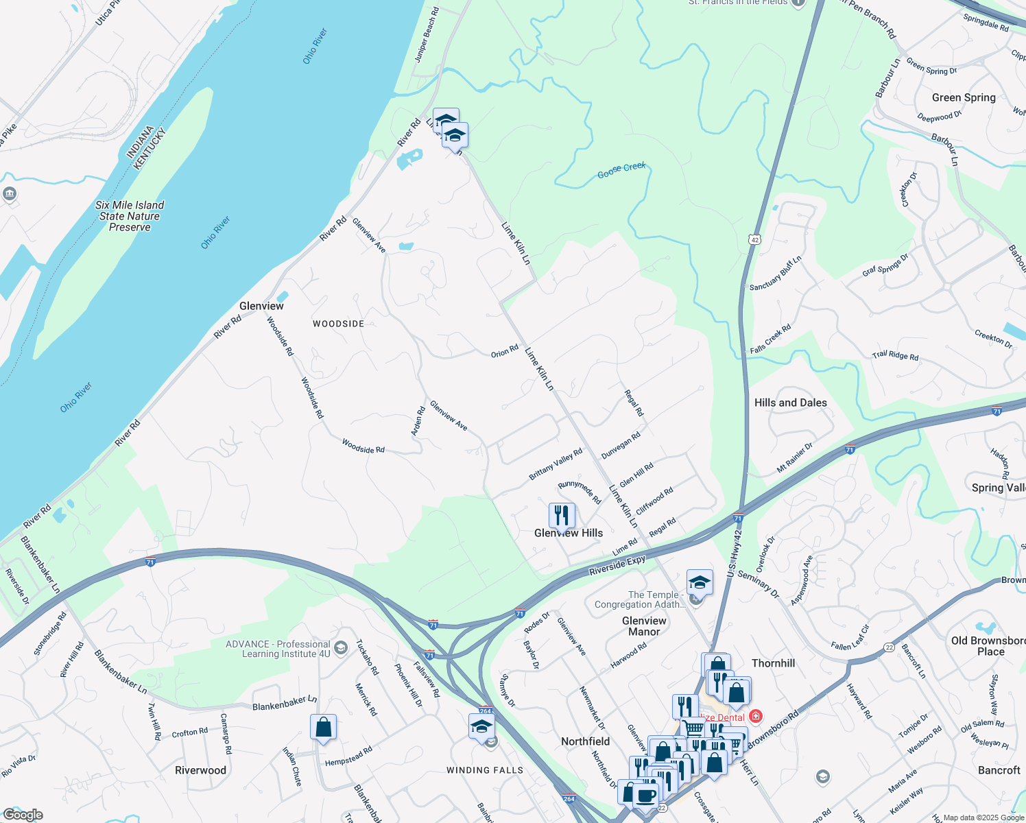 map of restaurants, bars, coffee shops, grocery stores, and more near 5804 Glen Park Road in Louisville