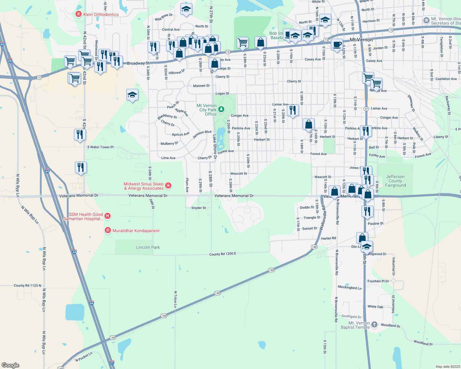 map of restaurants, bars, coffee shops, grocery stores, and more near 2507 Ferguson St in Mt Vernon