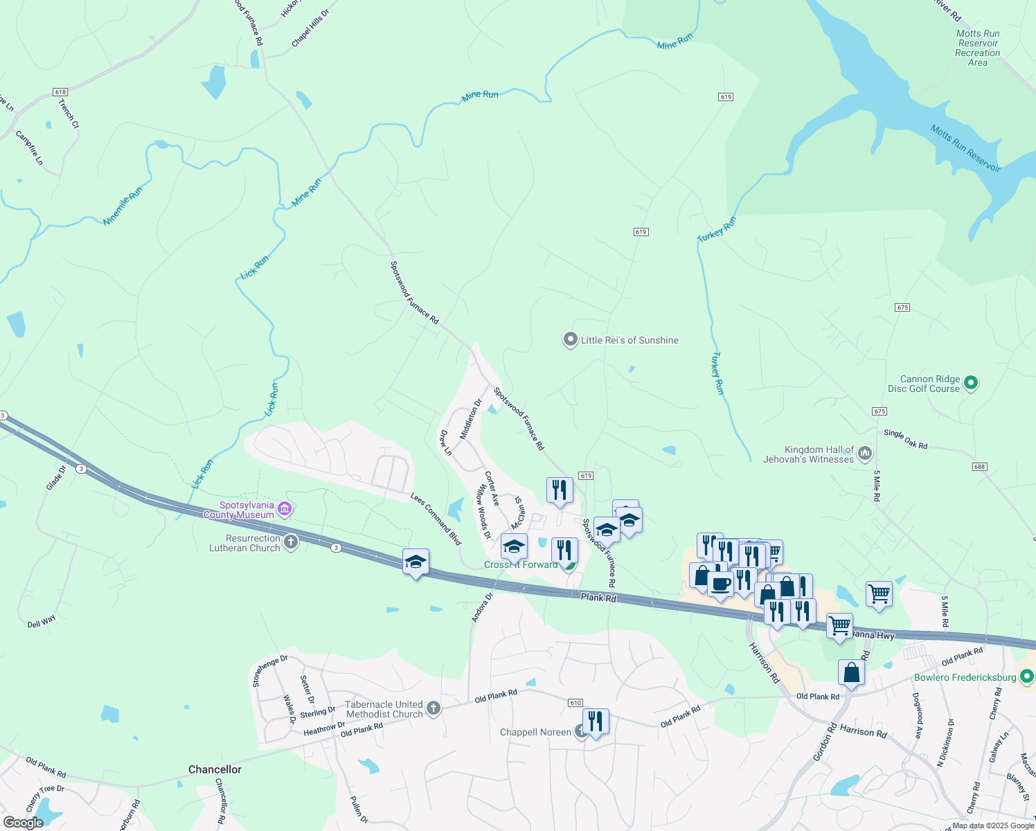 map of restaurants, bars, coffee shops, grocery stores, and more near 12510 Spotswood Furnace Rd in Fredericksburg