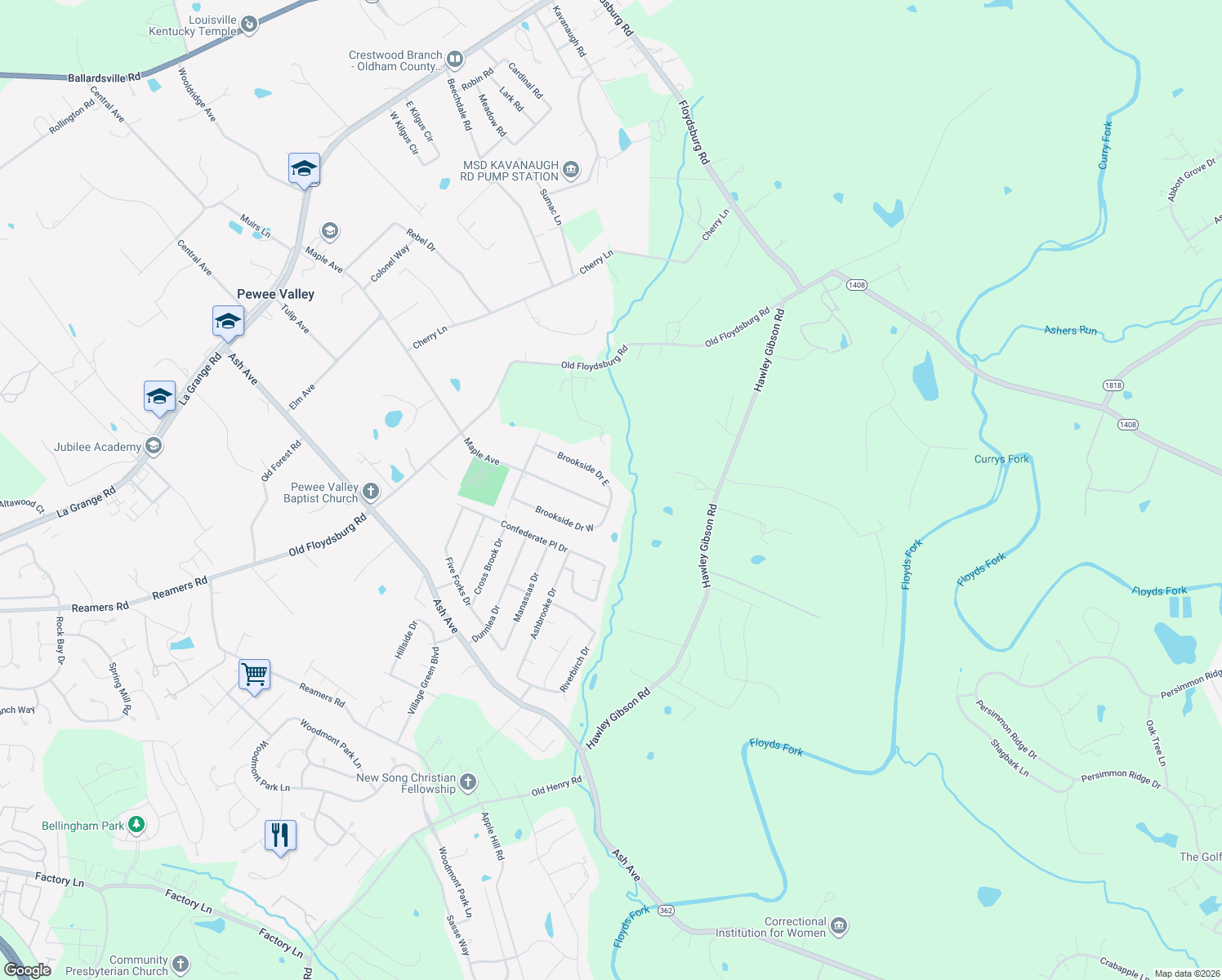 map of restaurants, bars, coffee shops, grocery stores, and more near 8517 Brookside Drive East in Pewee Valley