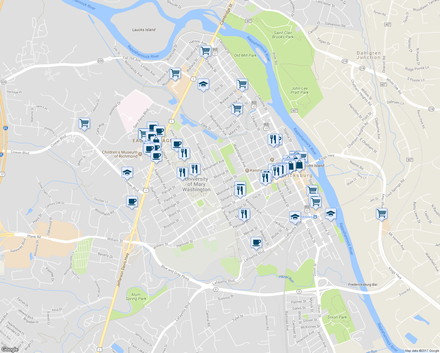 map of restaurants, bars, coffee shops, grocery stores, and more near 1210 Littlepage Street in Fredericksburg