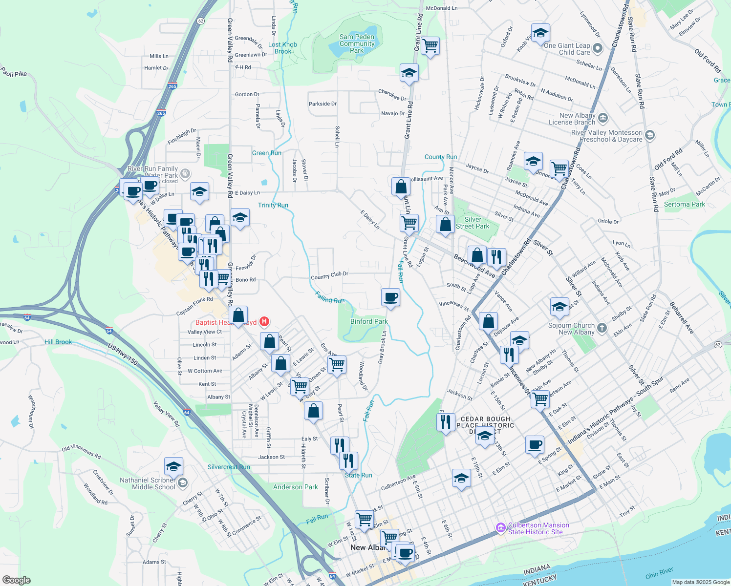map of restaurants, bars, coffee shops, grocery stores, and more near 598 Hornung Hill Dr in New Albany