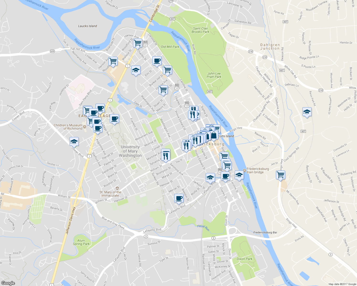 map of restaurants, bars, coffee shops, grocery stores, and more near 1105 Douglas Street in Fredericksburg