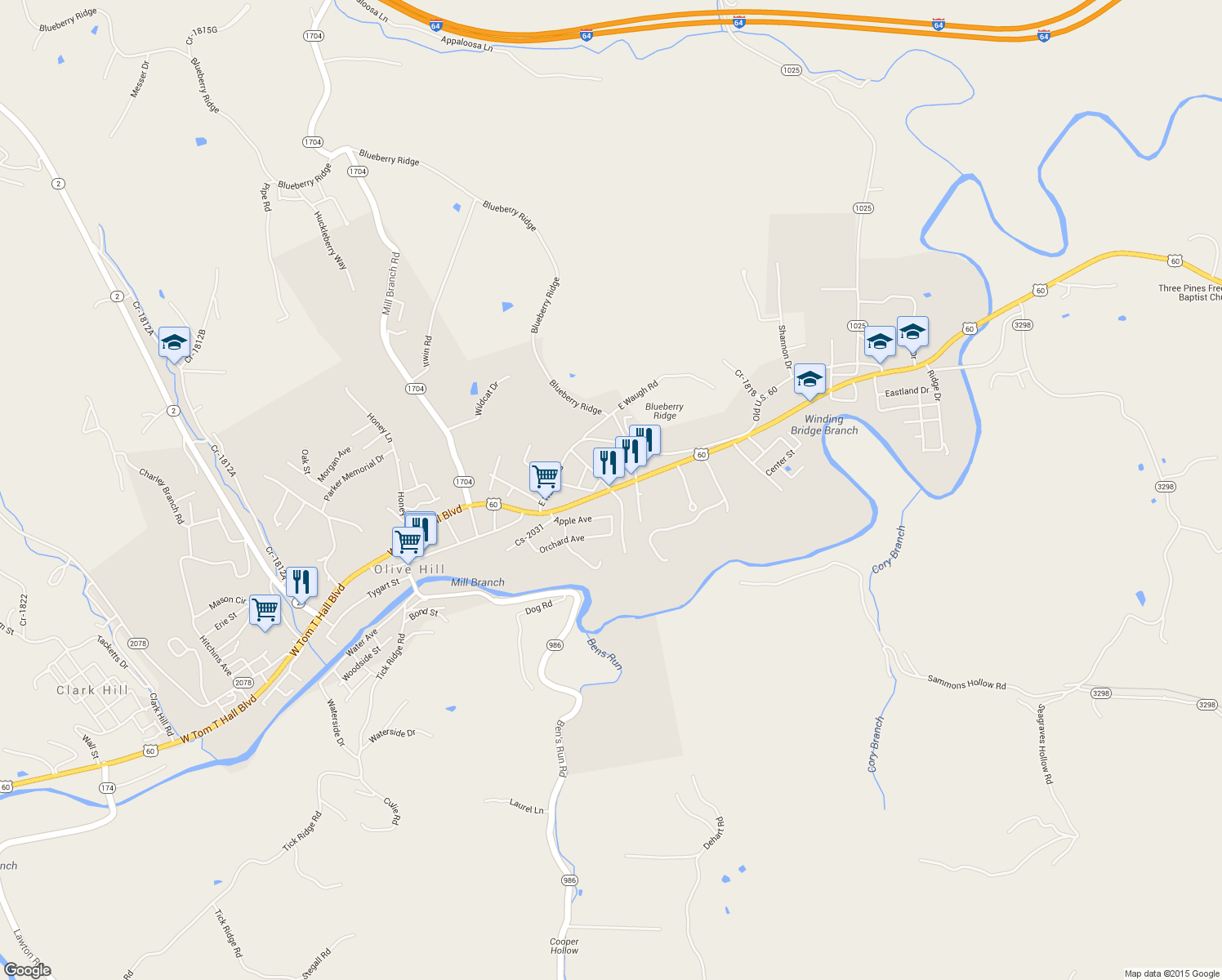 map of restaurants, bars, coffee shops, grocery stores, and more near Cold Springs Road in Olive Hill