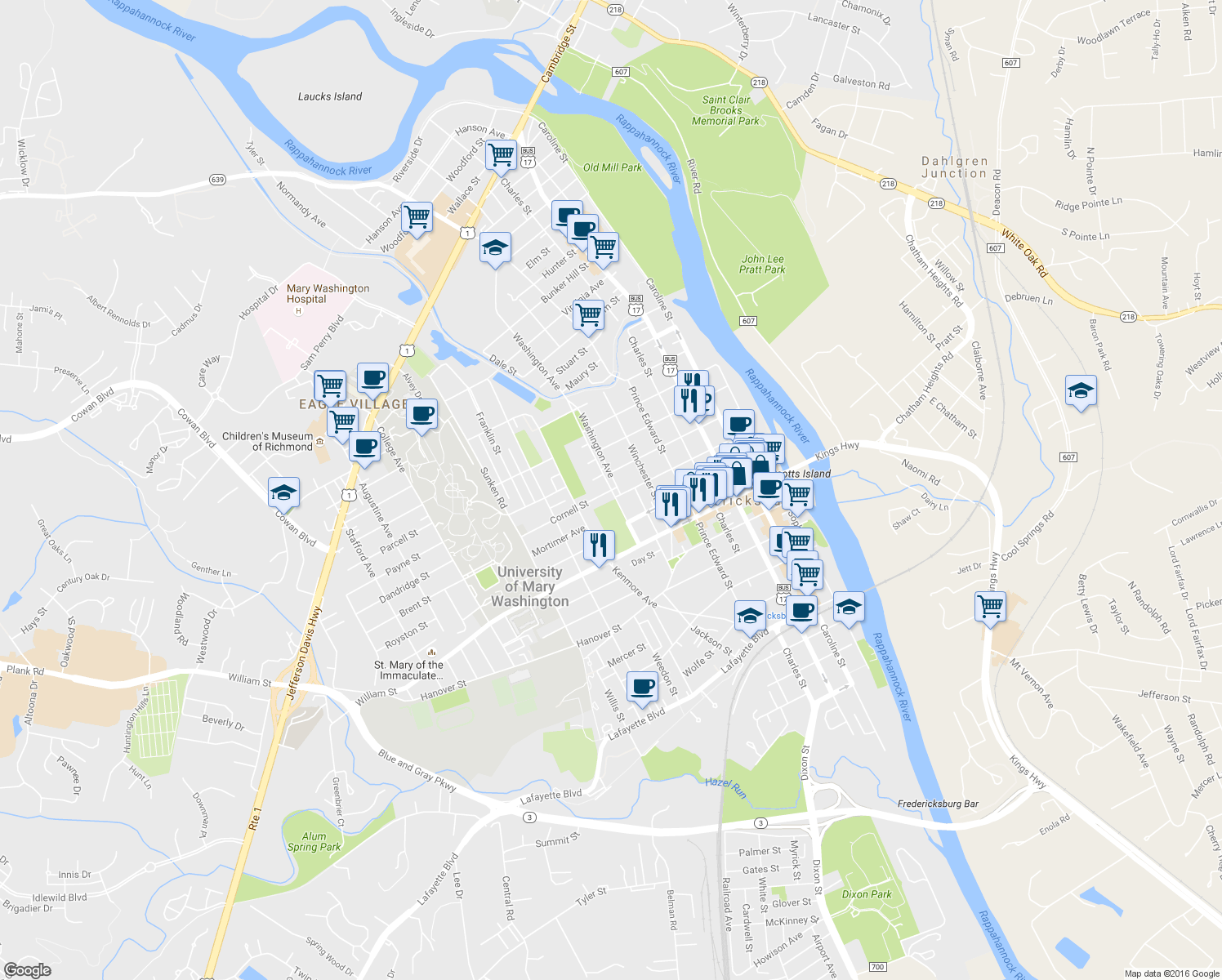 map of restaurants, bars, coffee shops, grocery stores, and more near 1204 Washington Avenue in Fredericksburg