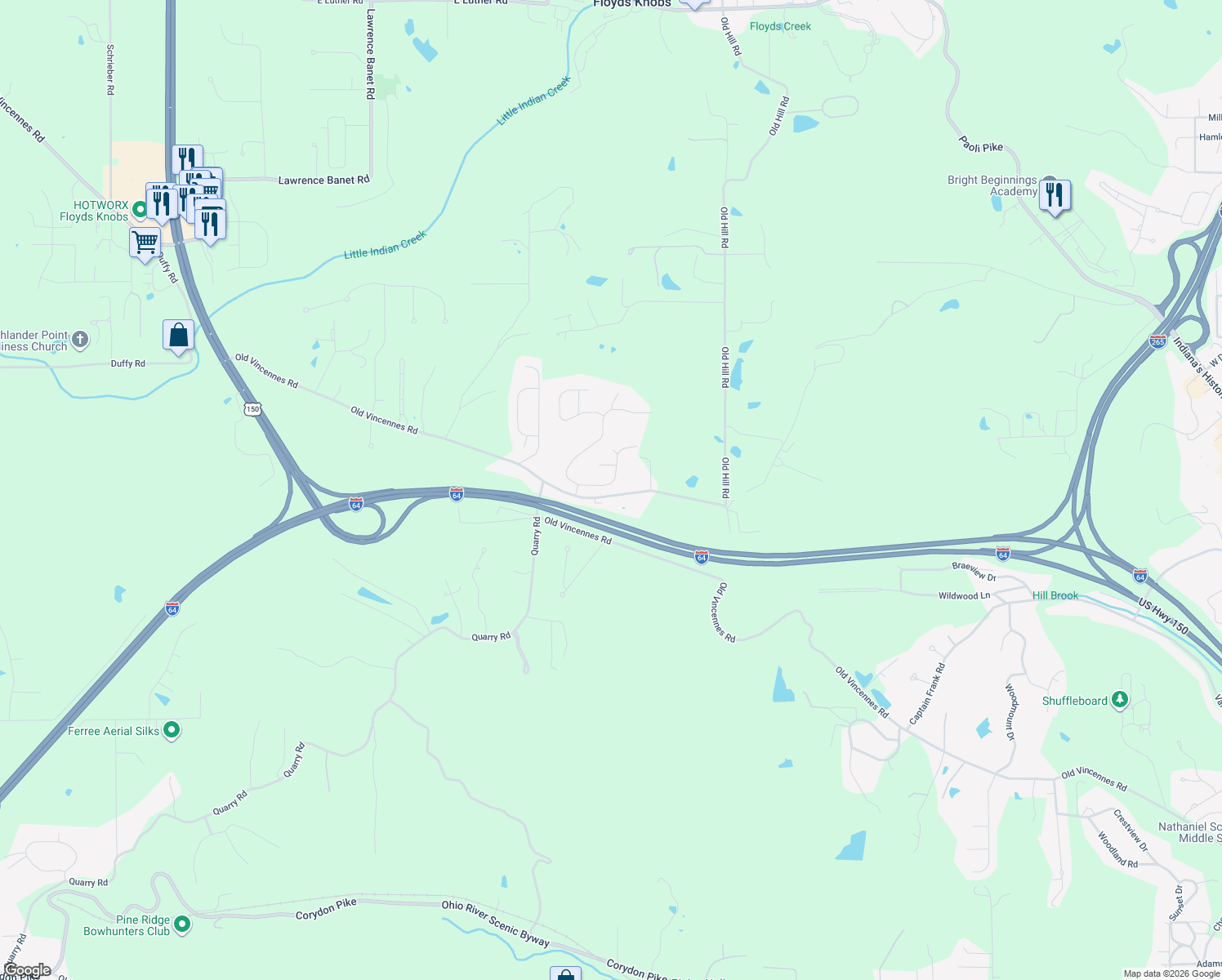 map of restaurants, bars, coffee shops, grocery stores, and more near 3608 Sunset Ridge Court in Floyds Knobs