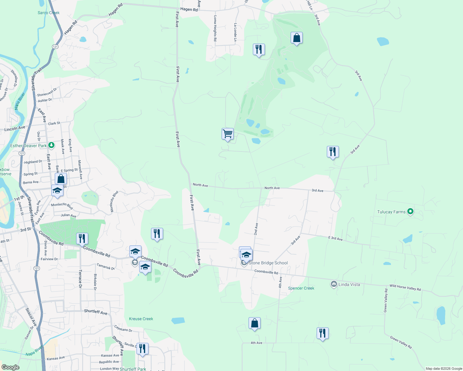 map of restaurants, bars, coffee shops, grocery stores, and more near 2070 North Avenue in Napa