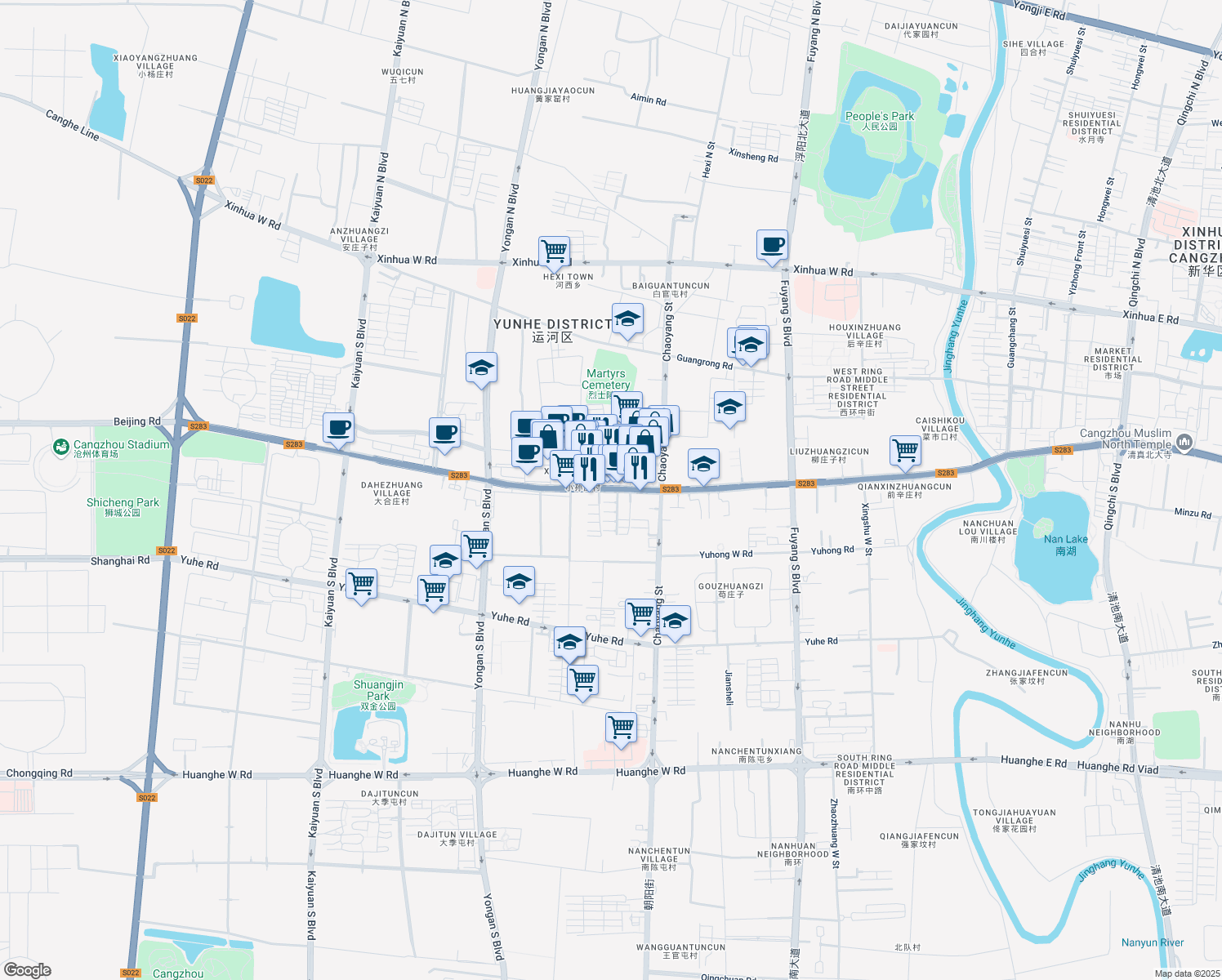 map of restaurants, bars, coffee shops, grocery stores, and more near Jie Fang Xi Lu in Cang Zhou Shi
