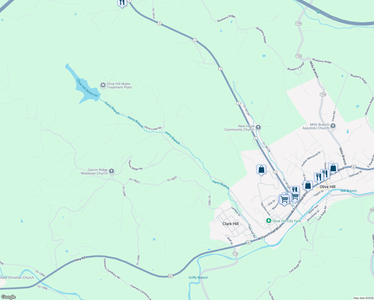map of restaurants, bars, coffee shops, grocery stores, and more near 100-940 Hall Lane in Olive Hill