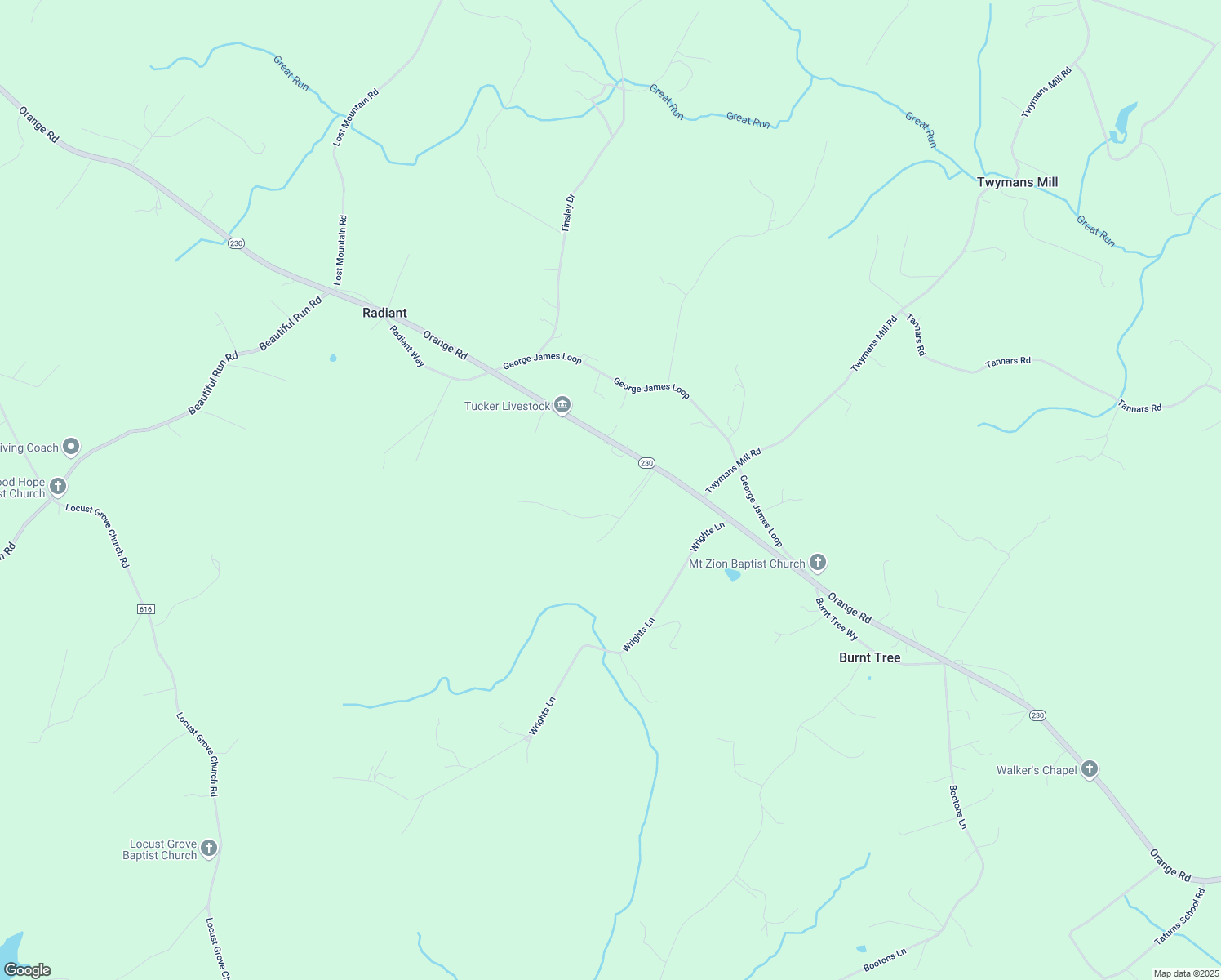 map of restaurants, bars, coffee shops, grocery stores, and more near 5844 Orange Road in Radiant