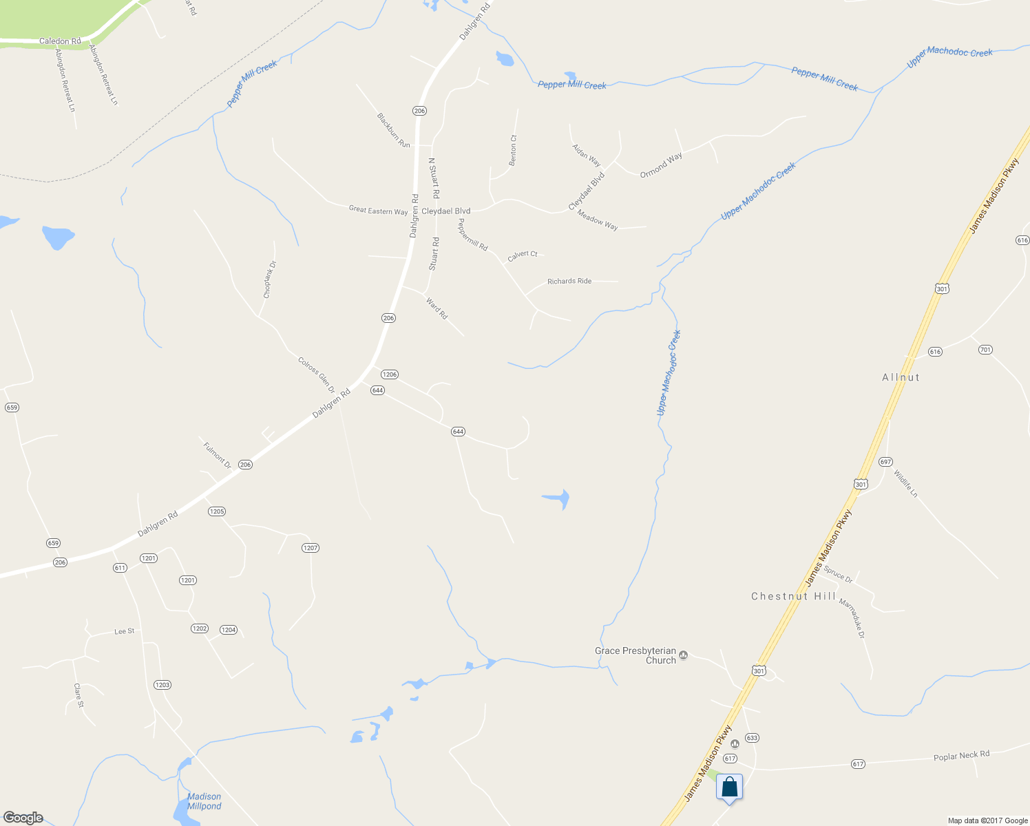 map of restaurants, bars, coffee shops, grocery stores, and more near 12347 Potts Lane in King George