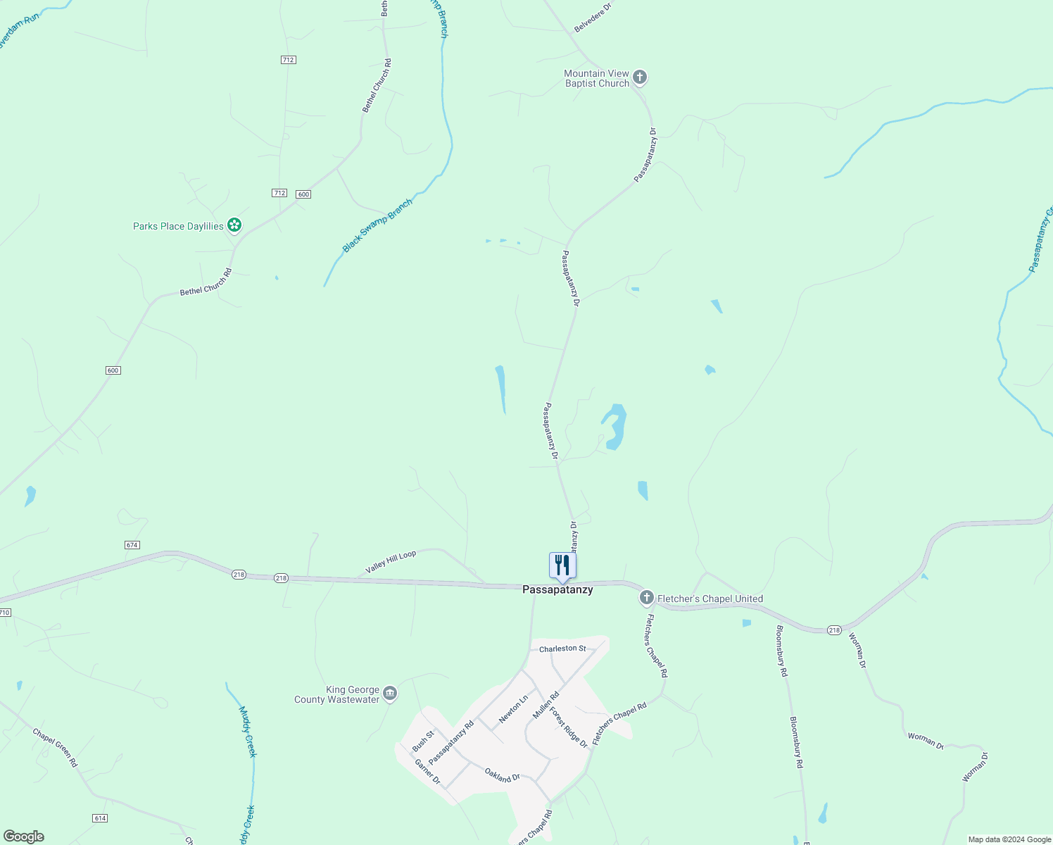 map of restaurants, bars, coffee shops, grocery stores, and more near 7568 Passapatanzy Drive in King George