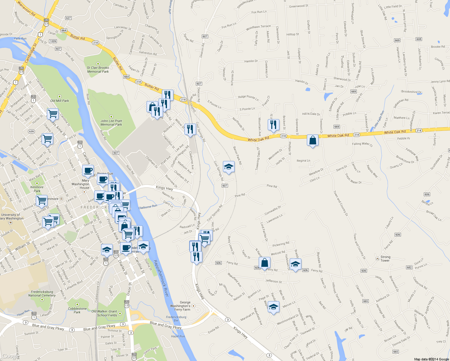 map of restaurants, bars, coffee shops, grocery stores, and more near 87 Cool Springs Road in Fredericksburg