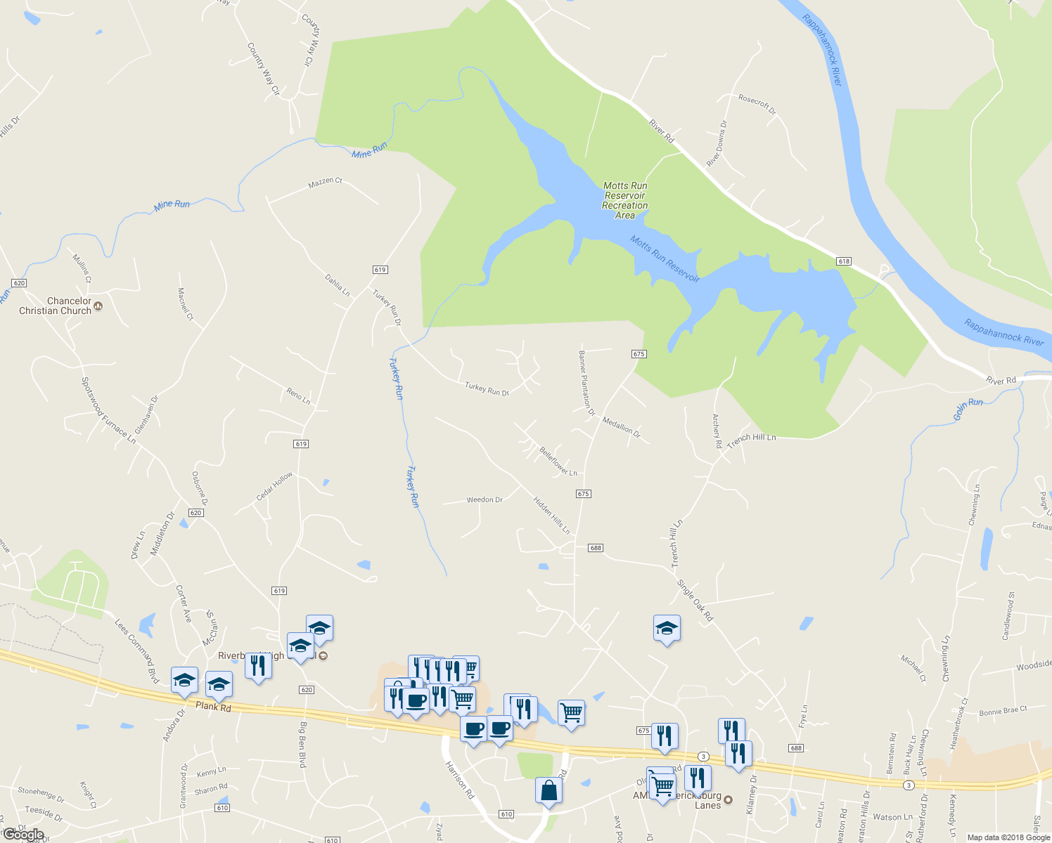 map of restaurants, bars, coffee shops, grocery stores, and more near 12651 Belleflower Lane in Fredericksburg