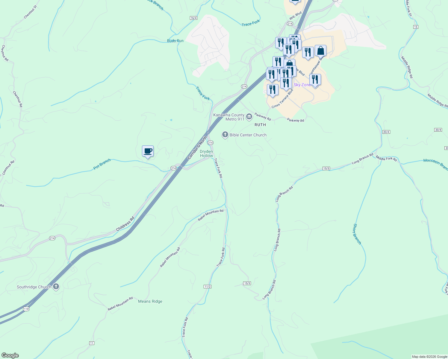 map of restaurants, bars, coffee shops, grocery stores, and more near 1735 Trace Fork Road in South Charleston