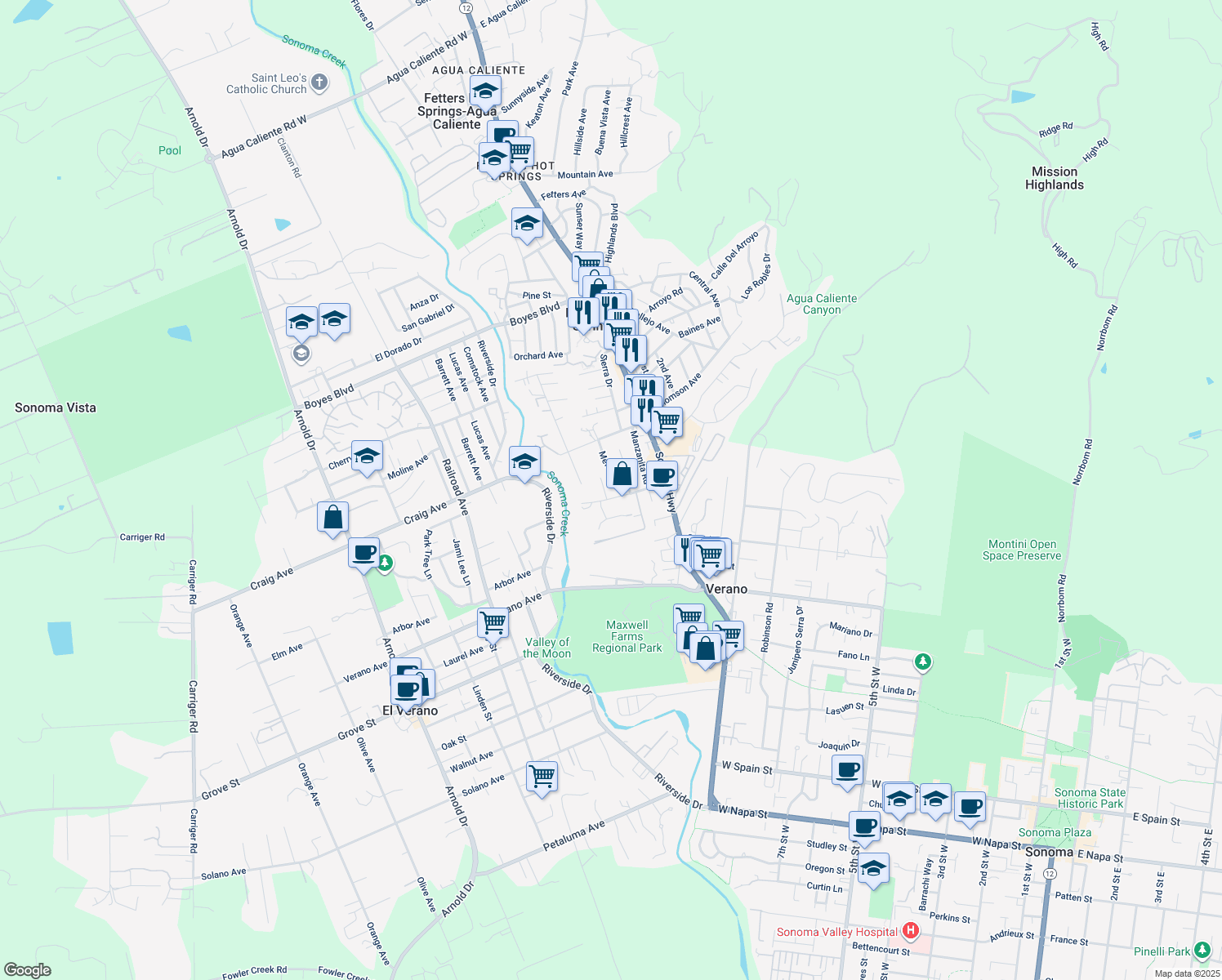 map of restaurants, bars, coffee shops, grocery stores, and more near 163 Academy Ln in Sonoma