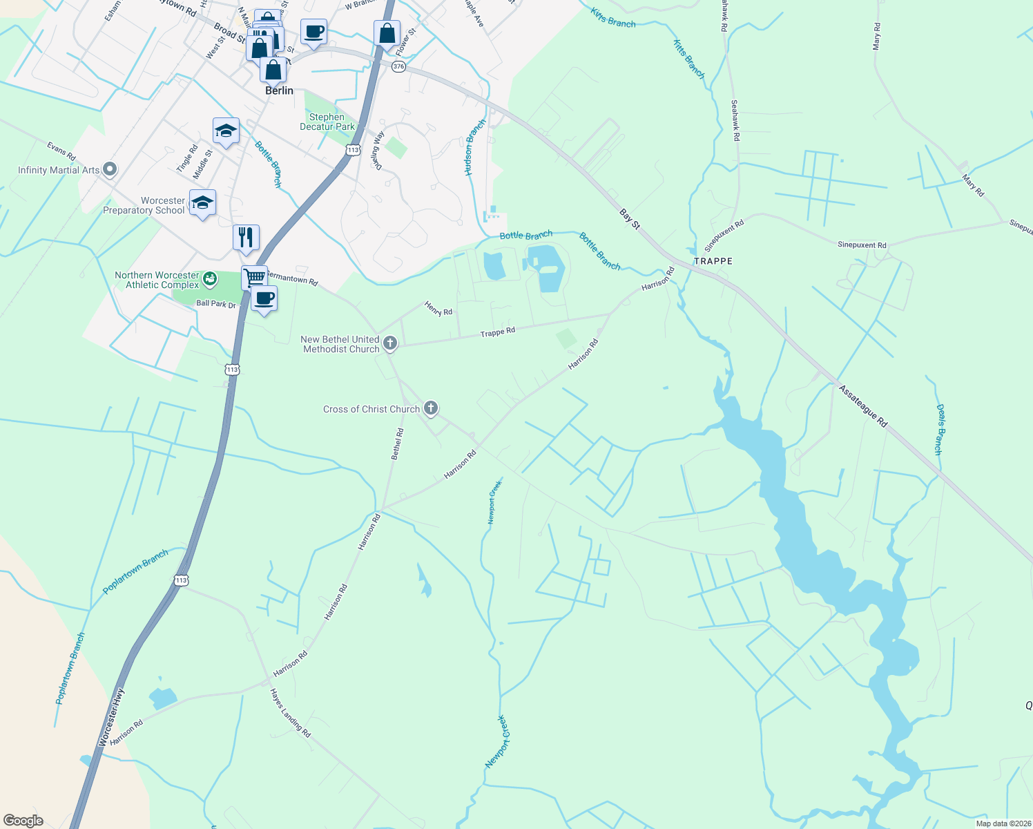 map of restaurants, bars, coffee shops, grocery stores, and more near 10412 Harrison Road in Berlin