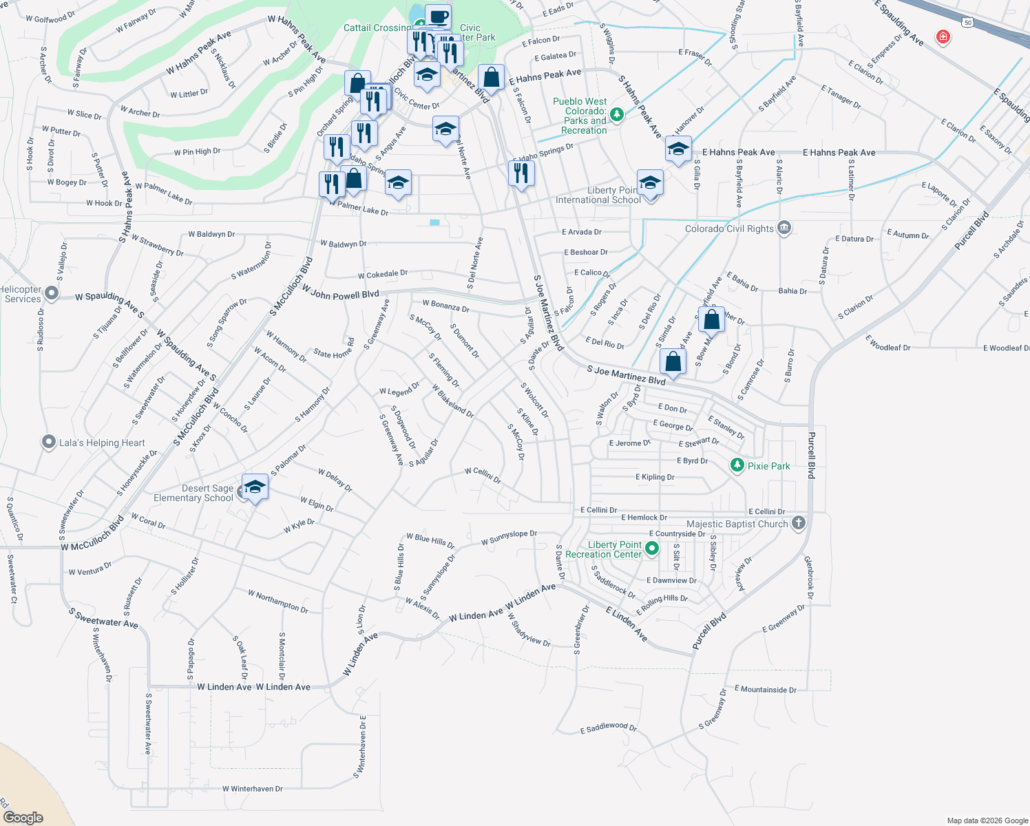 map of restaurants, bars, coffee shops, grocery stores, and more near 763 South Kline Drive in Pueblo West