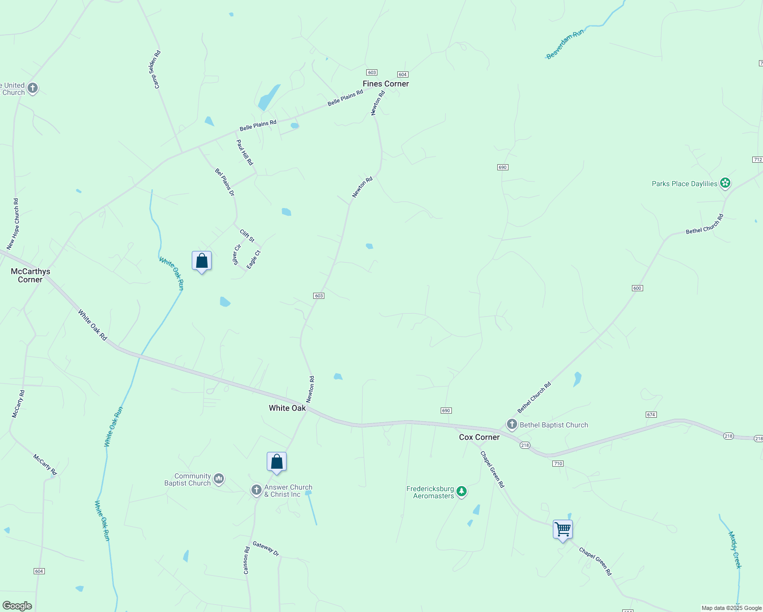 map of restaurants, bars, coffee shops, grocery stores, and more near 130 Sycamore Ridge Road in Fredericksburg