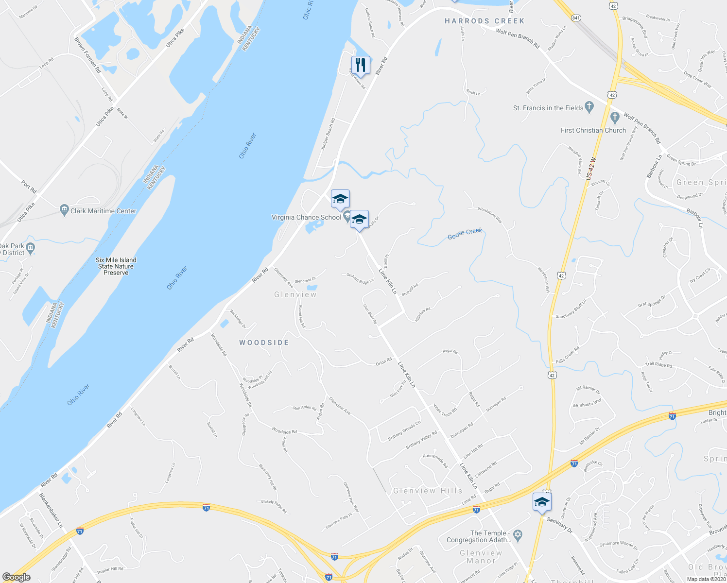 map of restaurants, bars, coffee shops, grocery stores, and more near 3714 Glen Bluff Road in Louisville