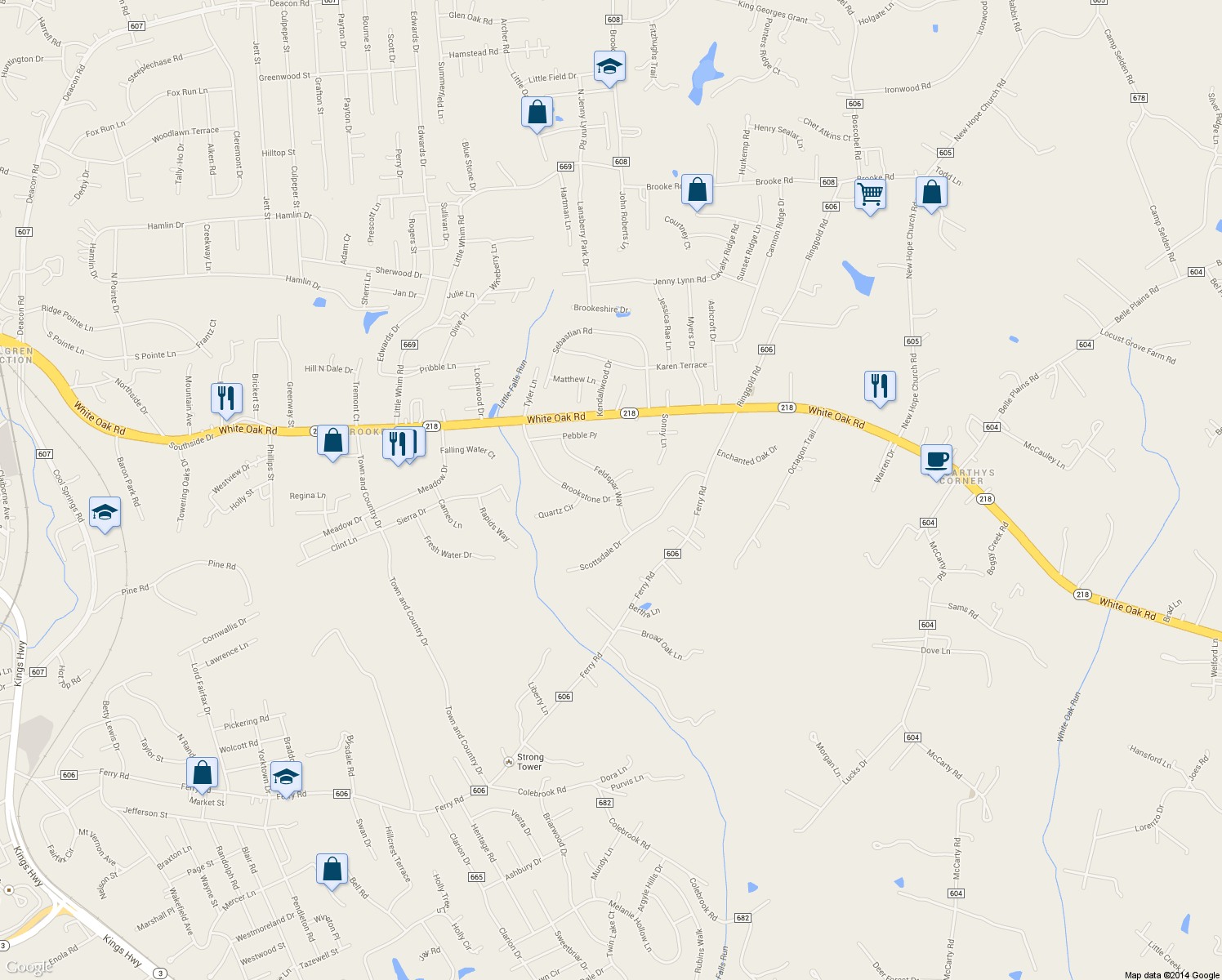 map of restaurants, bars, coffee shops, grocery stores, and more near 37 Brookstone Drive in Fredericksburg