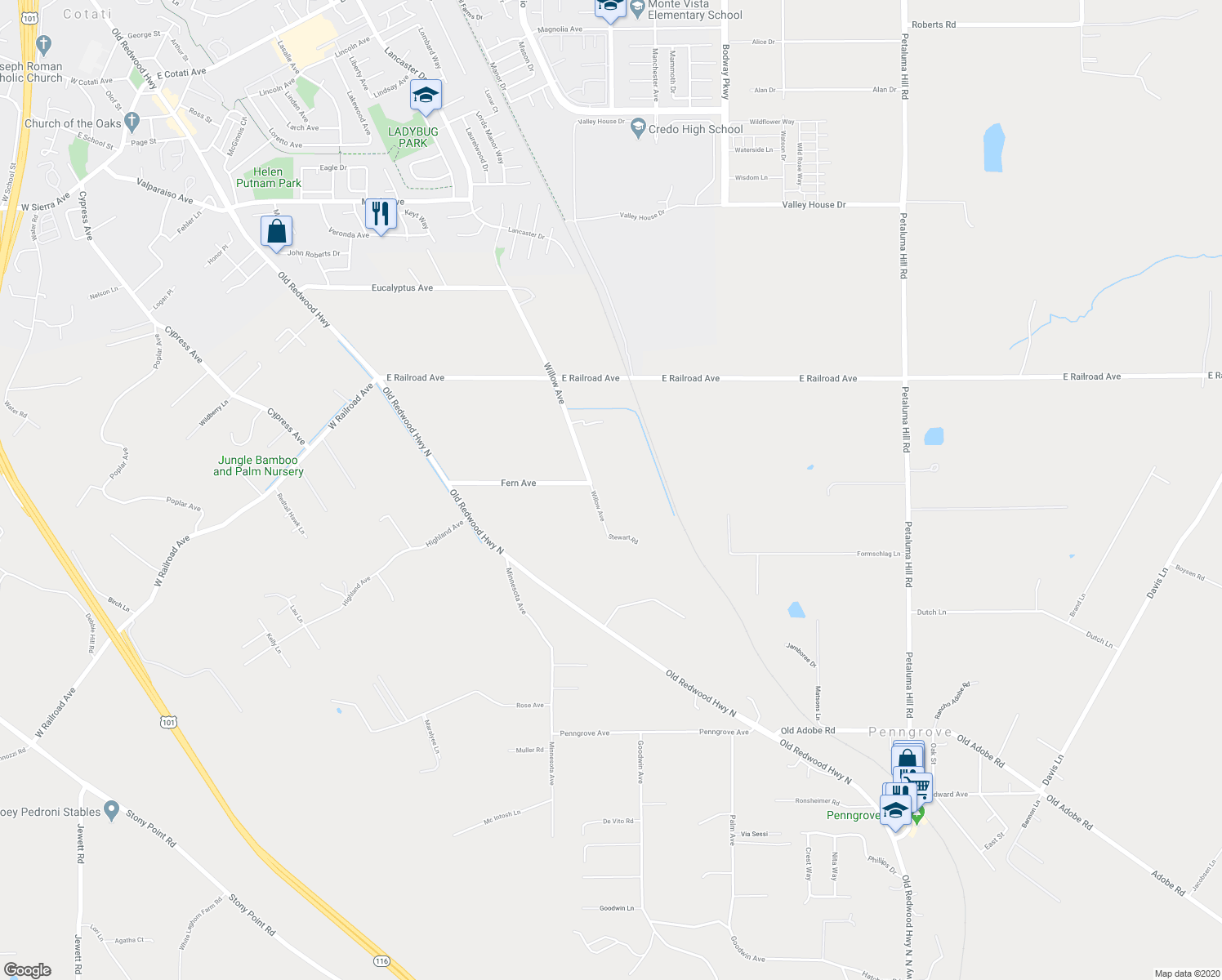 map of restaurants, bars, coffee shops, grocery stores, and more near 9550 Willow Avenue in Cotati