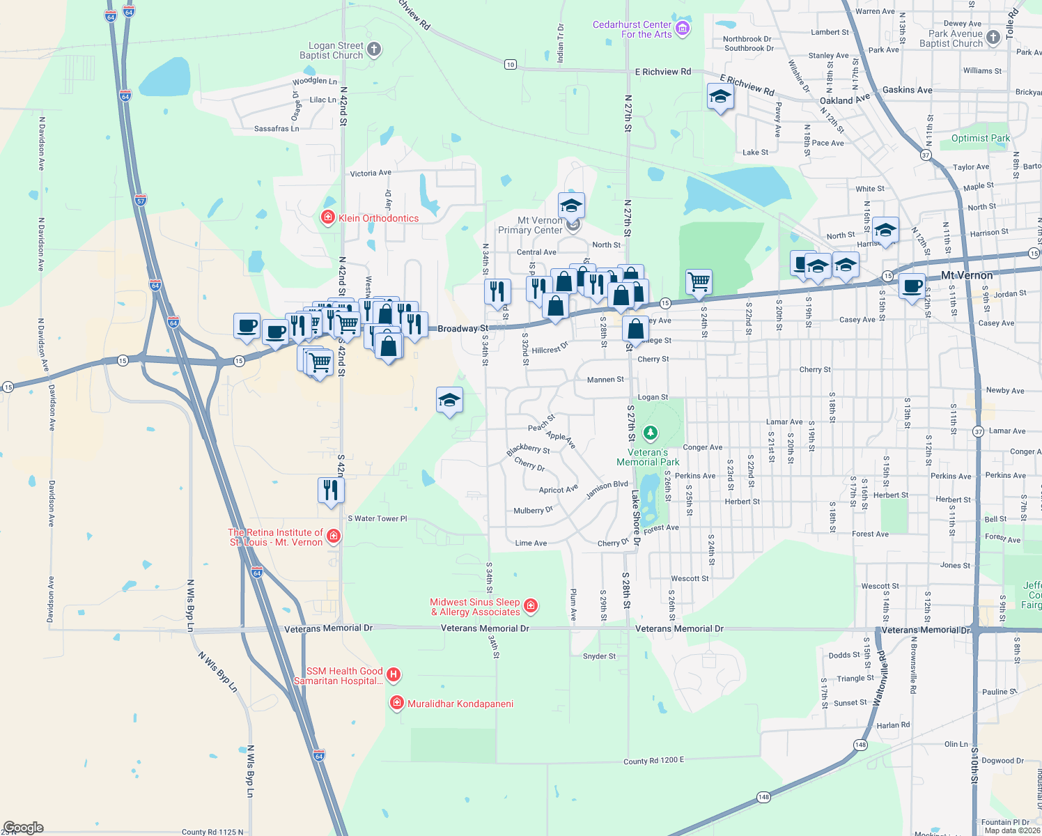 map of restaurants, bars, coffee shops, grocery stores, and more near 3213 Apple Avenue in Mount Vernon