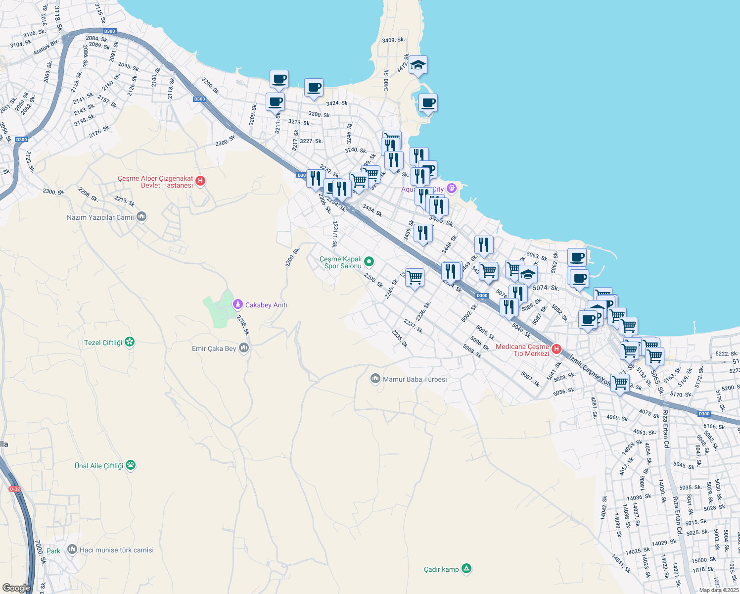 map of restaurants, bars, coffee shops, grocery stores, and more near 37 2235. Sokak in Çeşme