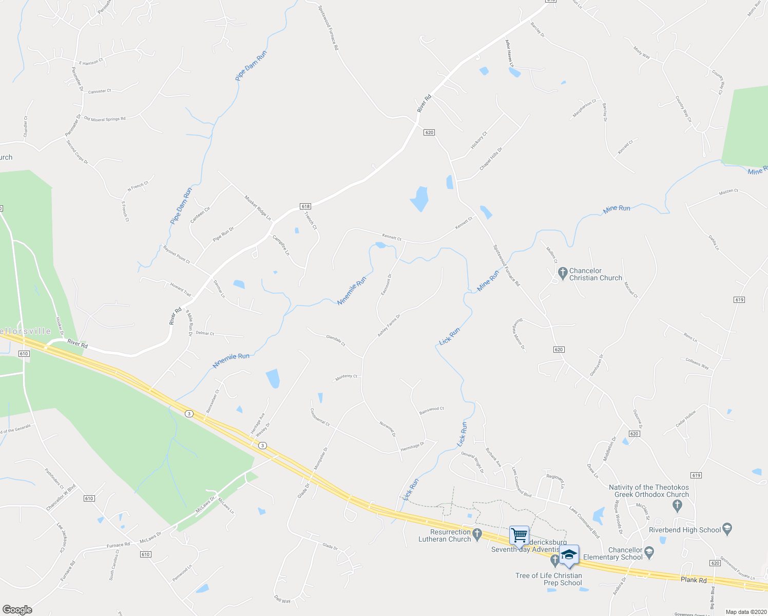 map of restaurants, bars, coffee shops, grocery stores, and more near 12907 Eastmont Drive in Fredericksburg