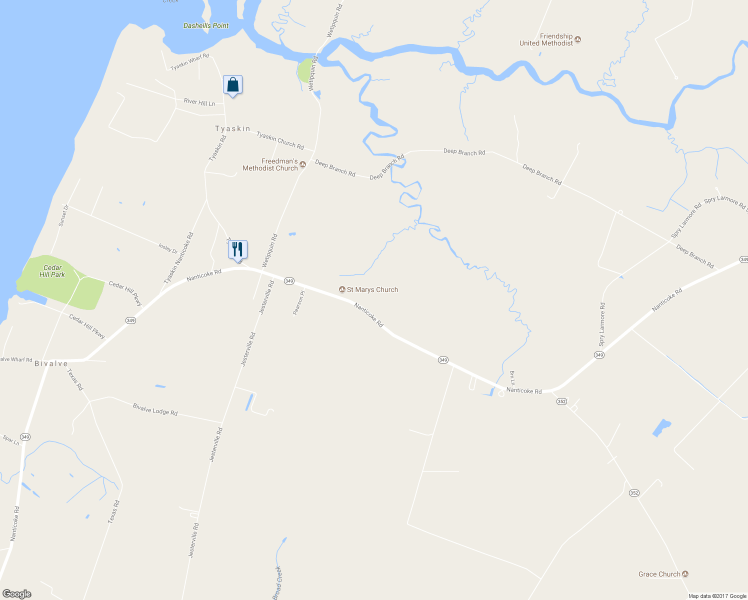 map of restaurants, bars, coffee shops, grocery stores, and more near 21742 Nanticoke Road in Tyaskin