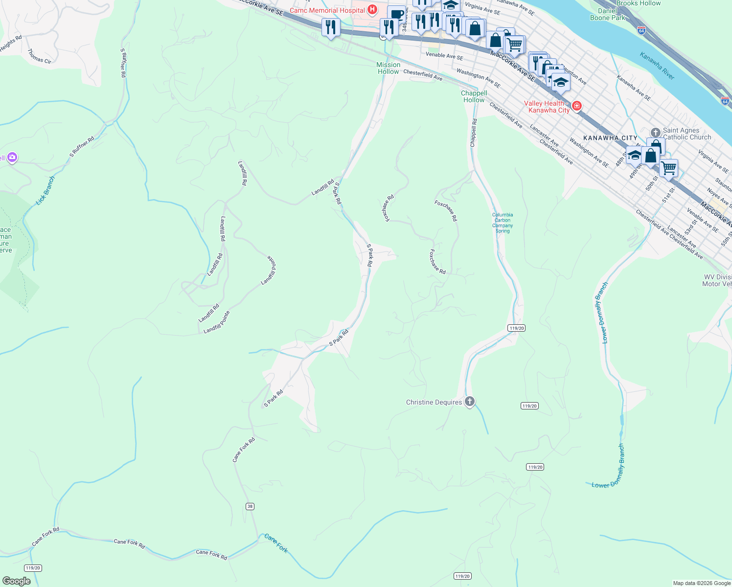 map of restaurants, bars, coffee shops, grocery stores, and more near 832 S Park Rd in Charleston