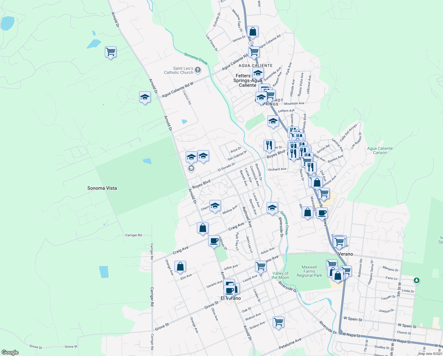 map of restaurants, bars, coffee shops, grocery stores, and more near 757 Amherst Circle in Sonoma