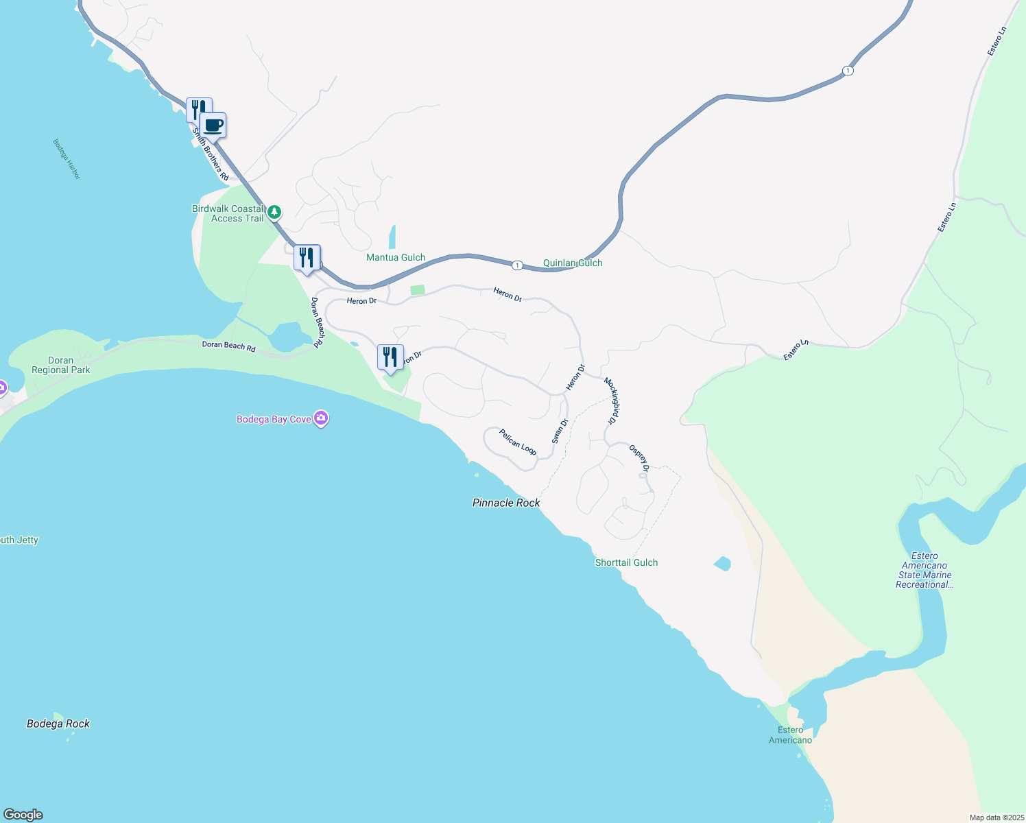 map of restaurants, bars, coffee shops, grocery stores, and more near 20903 Grebe Court in Bodega Bay