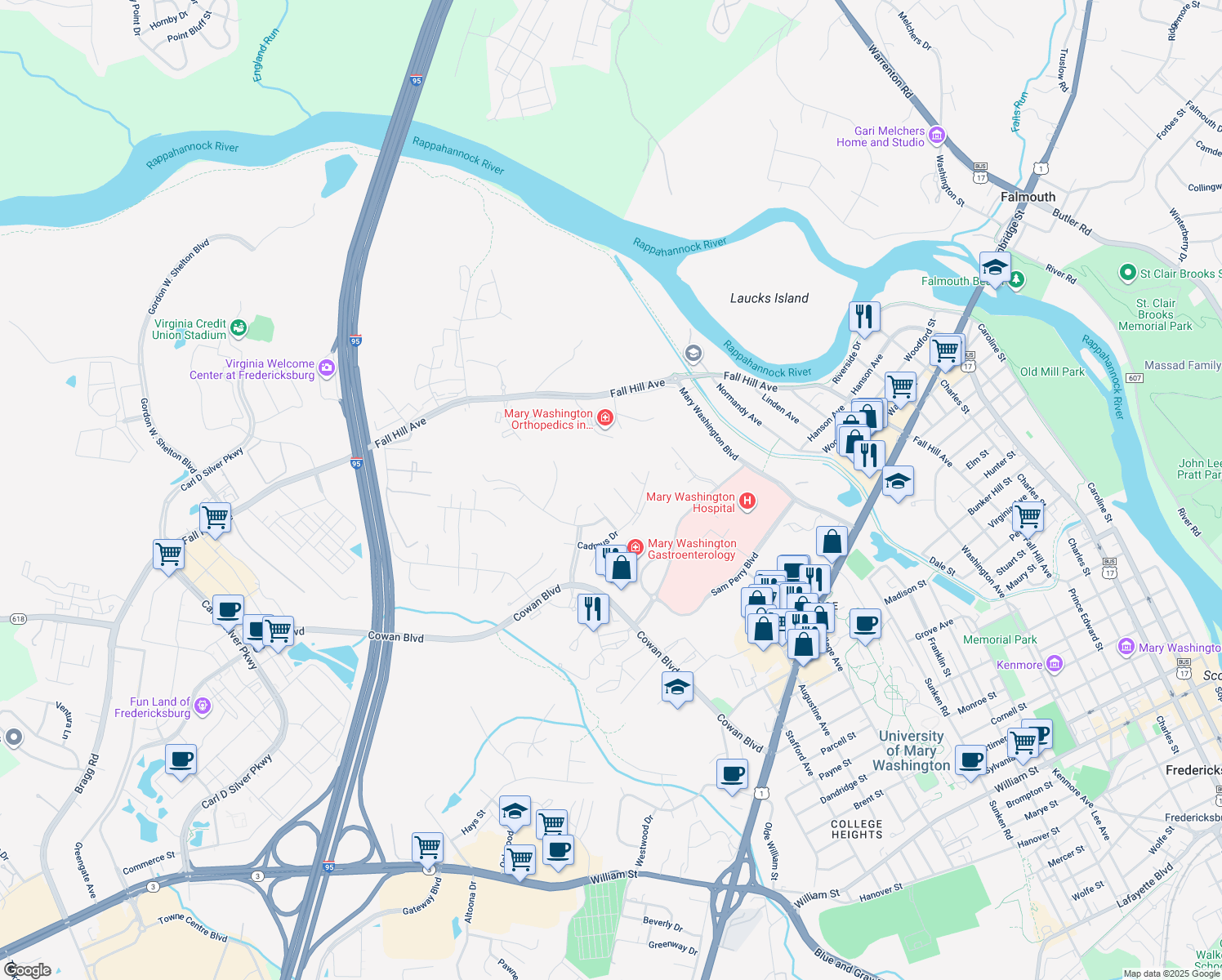 map of restaurants, bars, coffee shops, grocery stores, and more near 1022 Maureen Drive in Fredericksburg