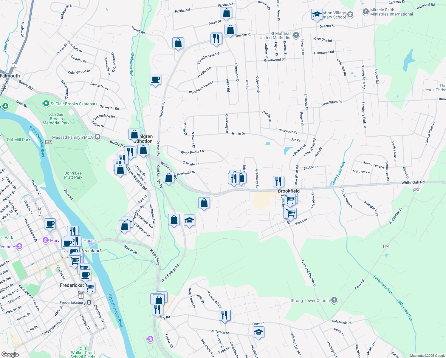 map of restaurants, bars, coffee shops, grocery stores, and more near 113 Mountain Avenue in Fredericksburg