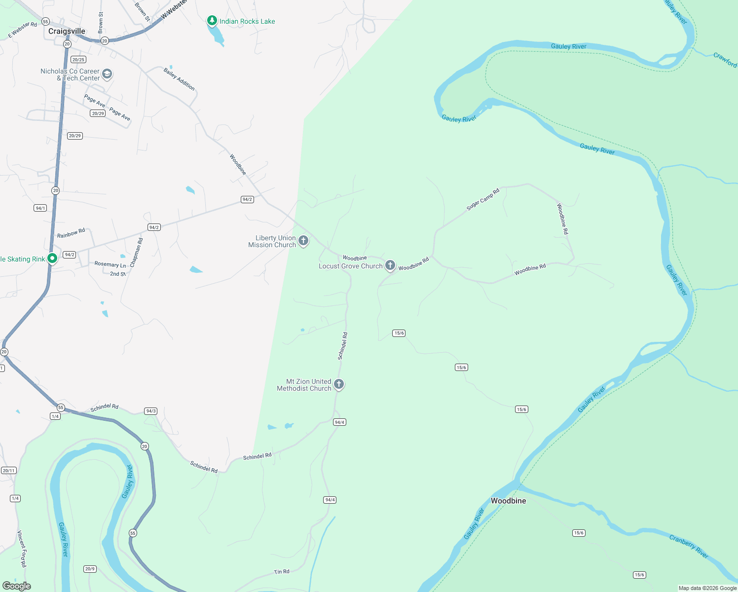 map of restaurants, bars, coffee shops, grocery stores, and more near 97 Woodbine in Craigsville